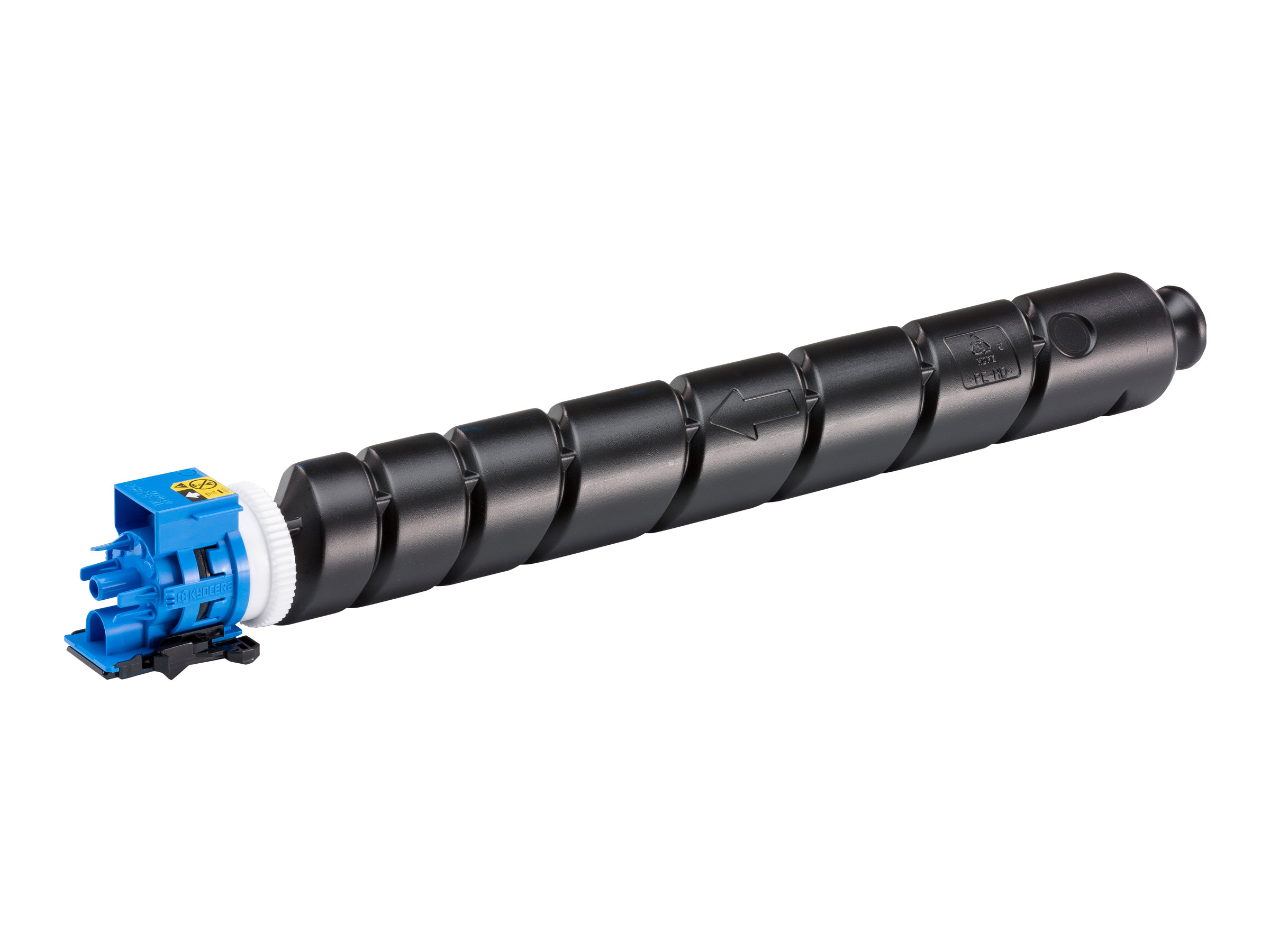 Czarny wkład z tonerem z niebiesko-białym złączem na lewym końcu, na białym tle.