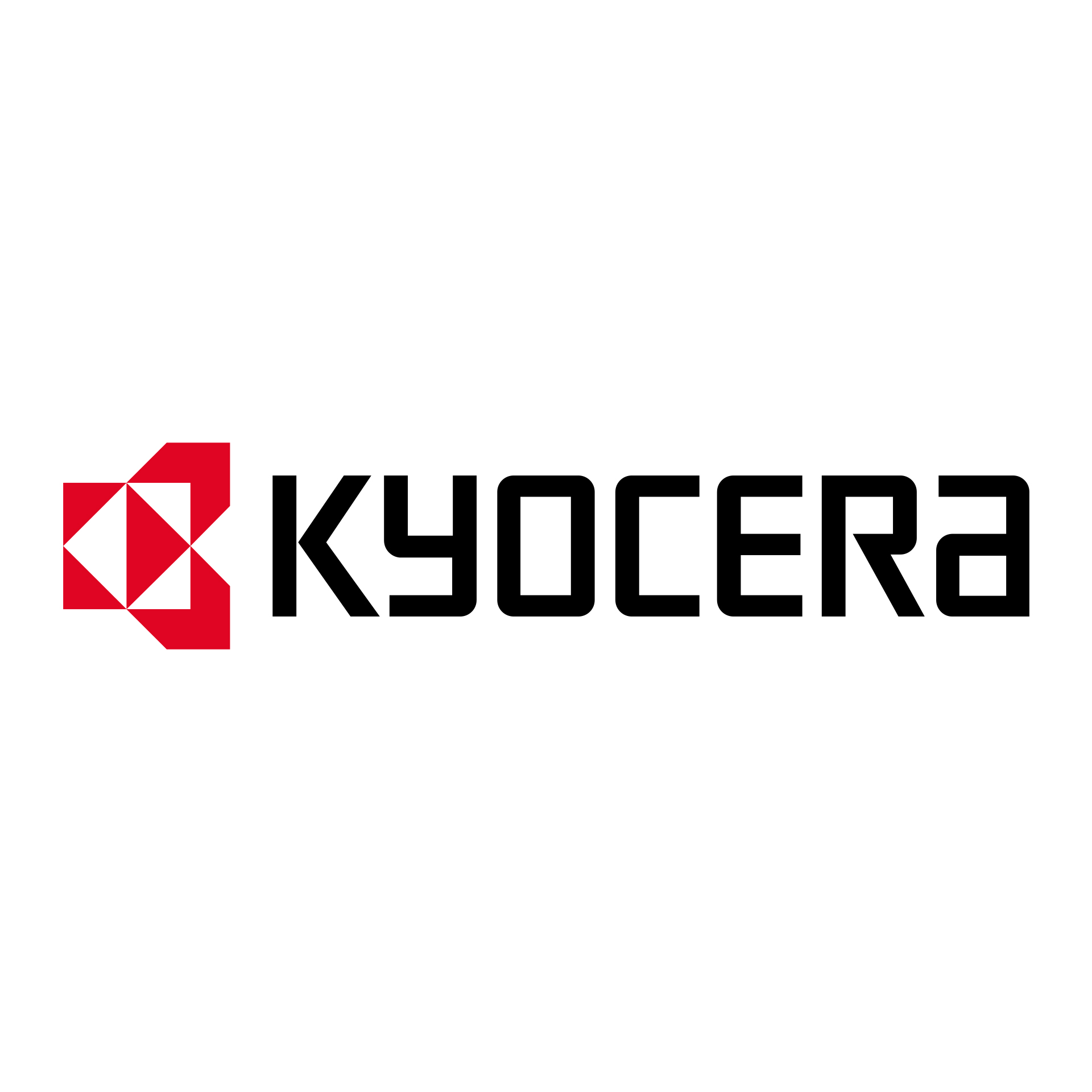 Logo Kyocera na białym tle. Logo ma czerwono-biały geometryczny wzór i czarny tekst.