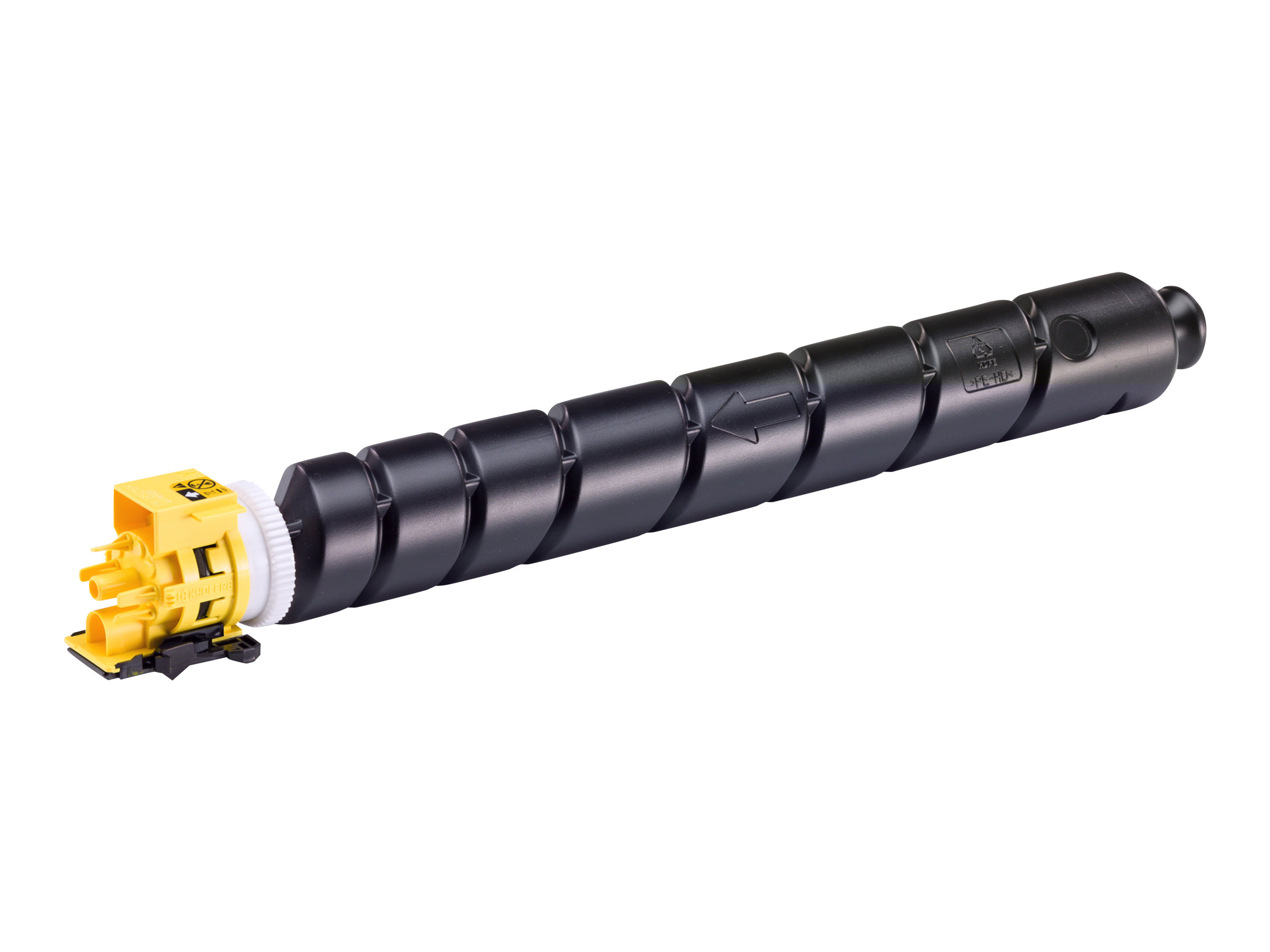 Een zwarte toner cartridge cilinder met gele verbindingsdelen.