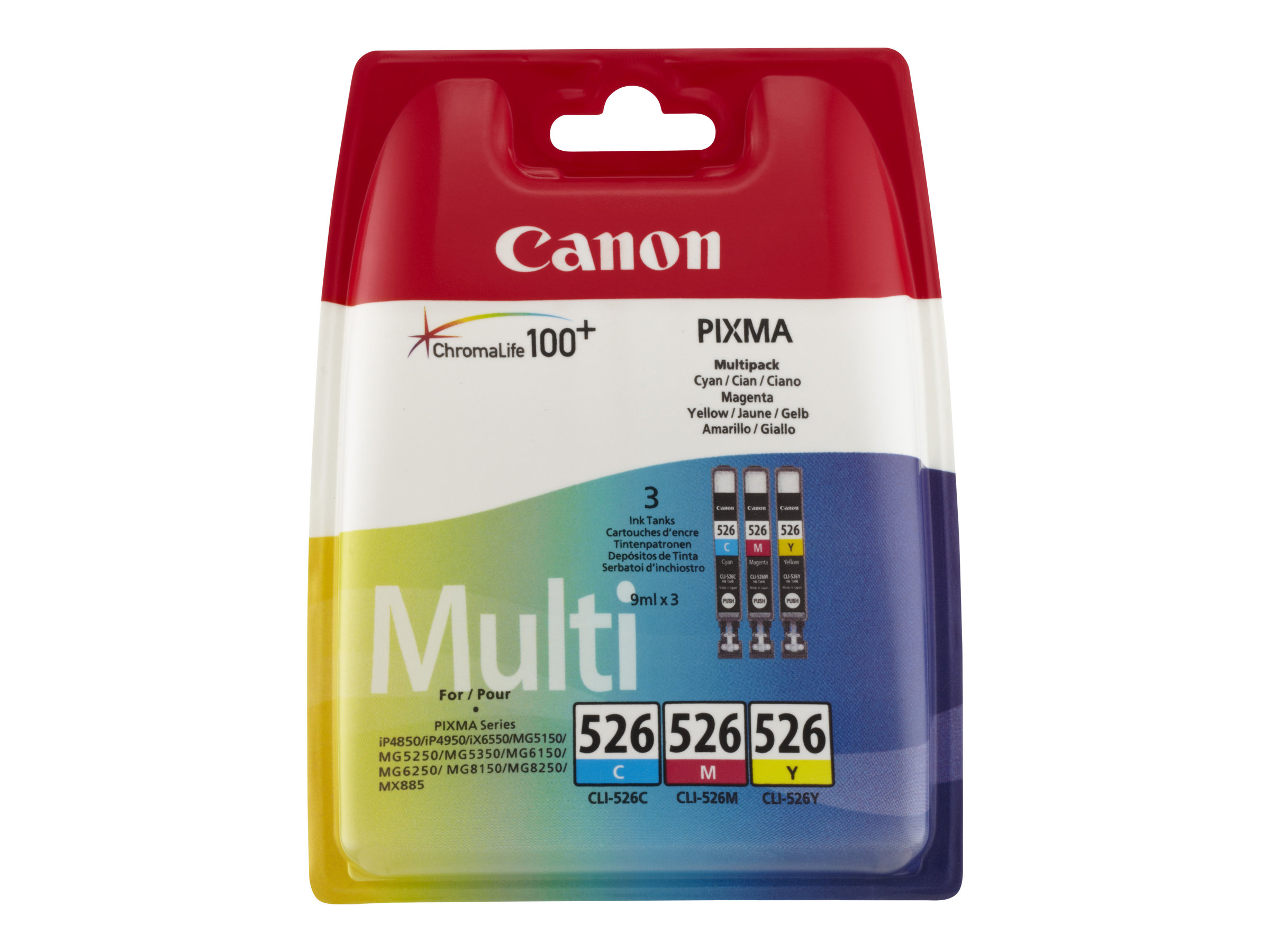 Cartouches d'encre Canon Pixma dans un emballage plastique rouge et transparent. Le multi-pack contient 3 cartouches.