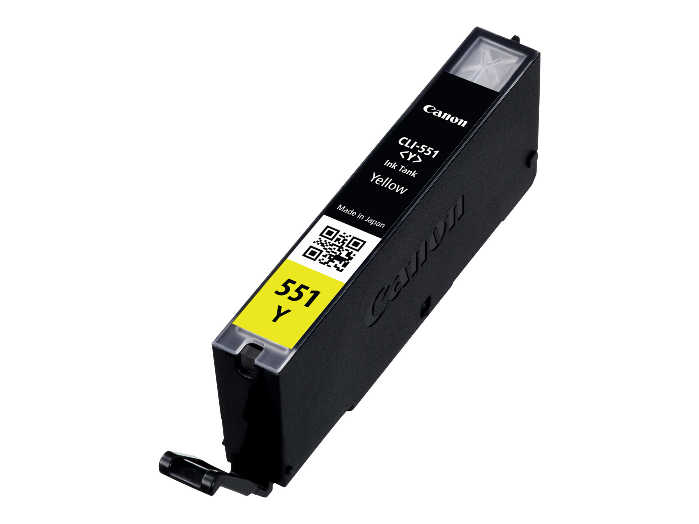 Canon CLI-551 Y gele inktcartridge, zwart met geel label, met witte achtergrond.