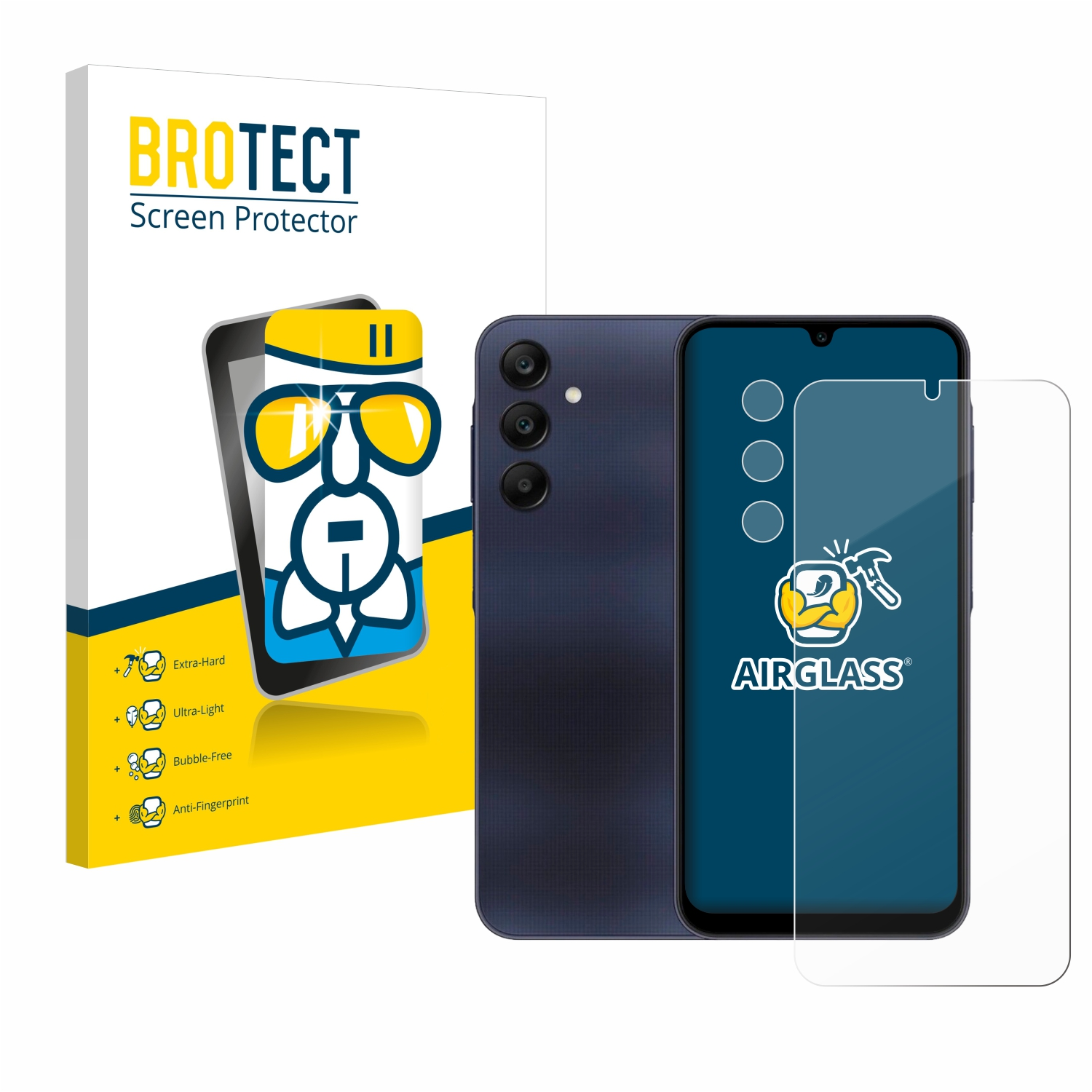 Ein blaues Telefon mit Displayschutzfolie und eine weiße Schachtel mit 'BROTECT Screen Protector'.