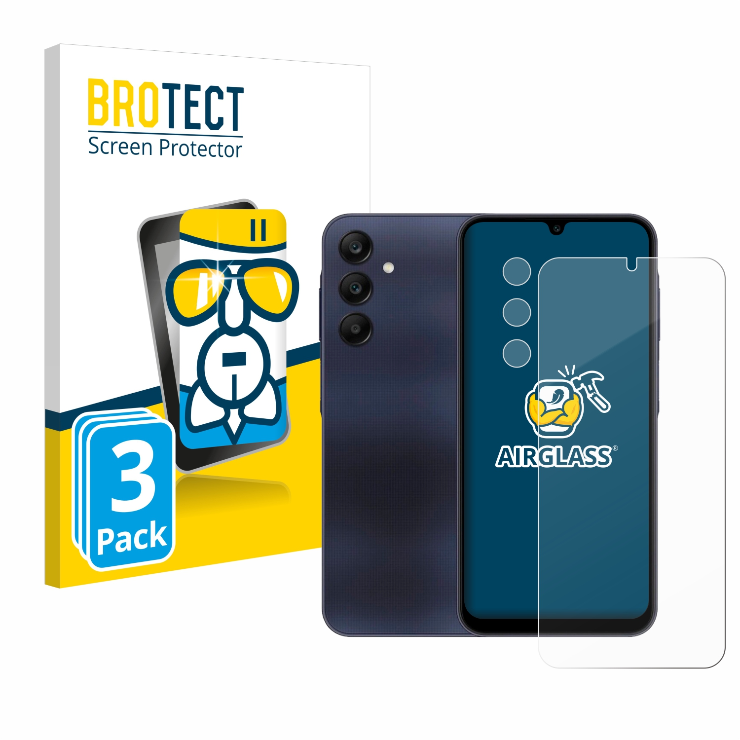 Telefon mit Displayschutzfolie und Verpackung. Telefon hat drei Kameras. Weißer Hintergrund.