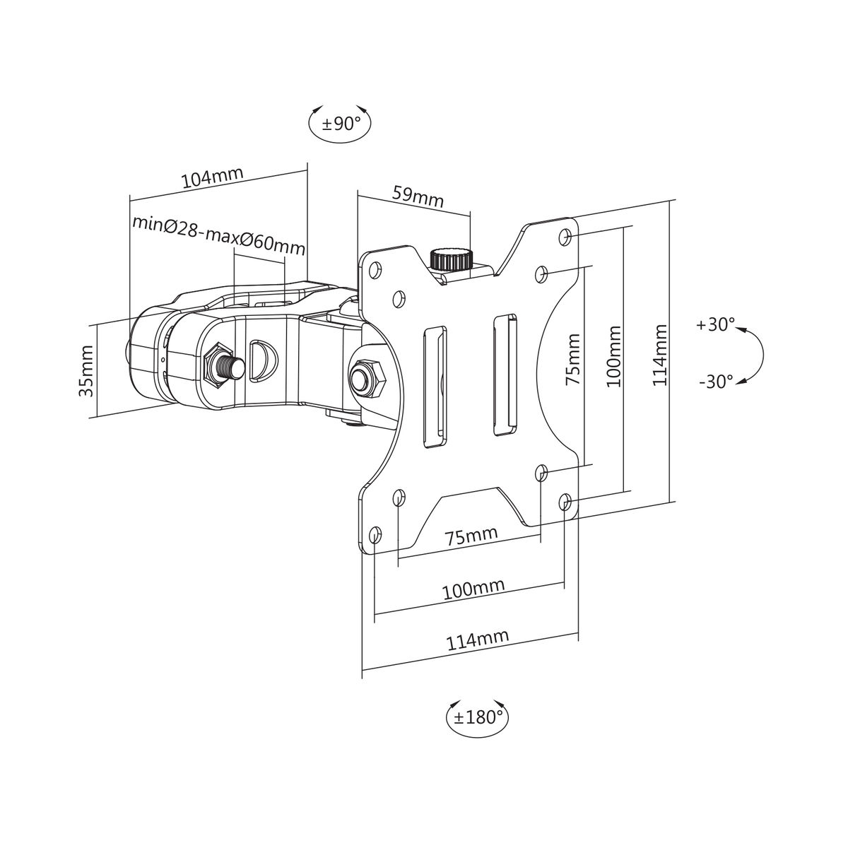 Technische tekening van een tv-beugel met afmetingen en hoeken voor installatie.