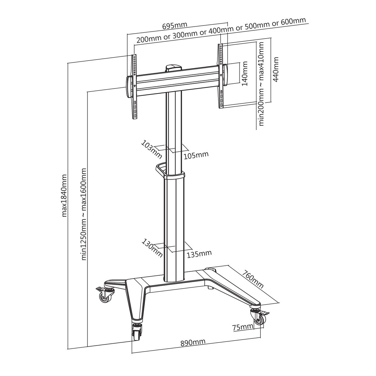 Technische tekening van een tv-standaard. Toont afmetingen, maten en details voor de montage.