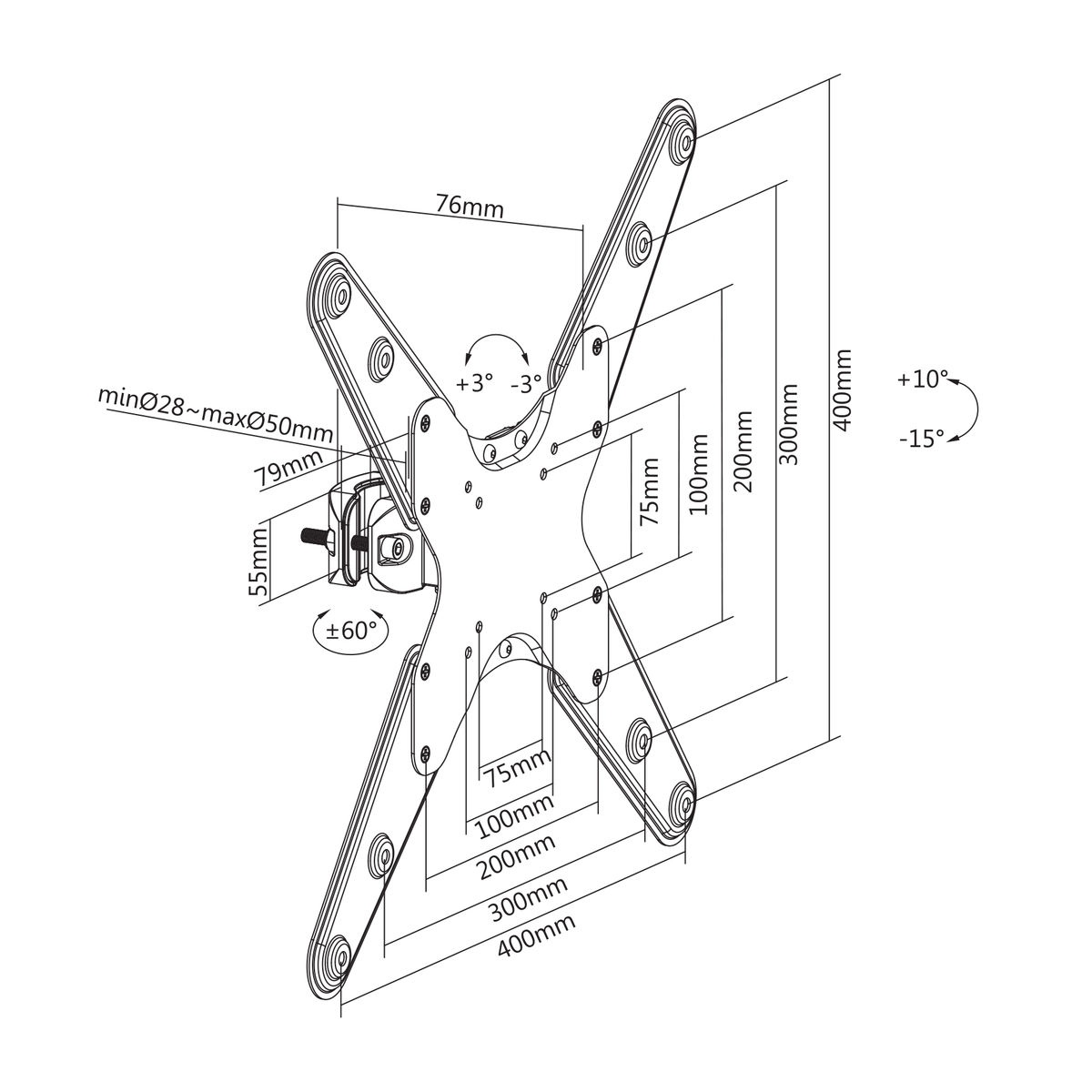 Technische tekening van een tv-muurbeugel, met afmetingen, hoeken en montagecomponenten, met metingen.