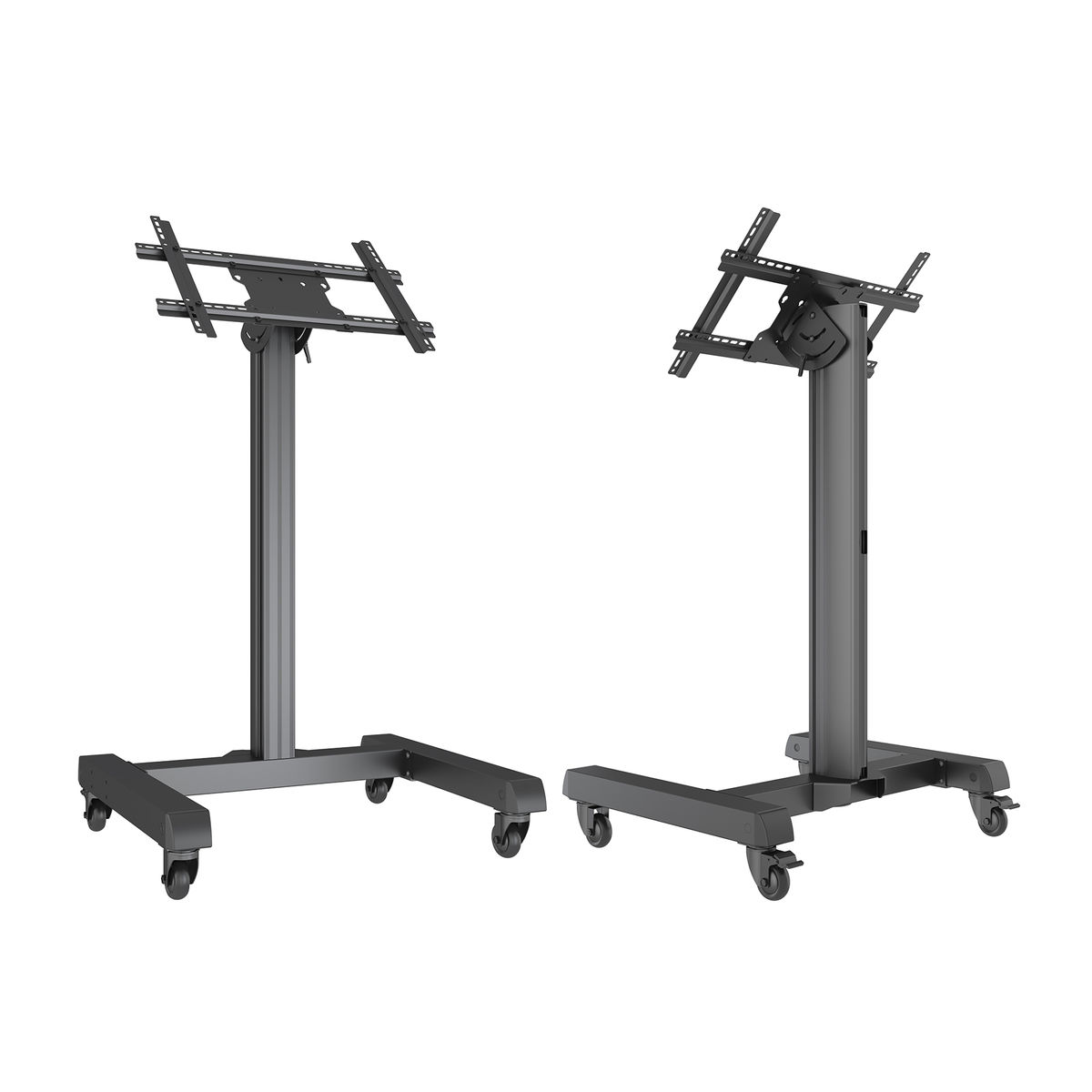 Two TV stands with a metal frame. Each has a stand for a TV.