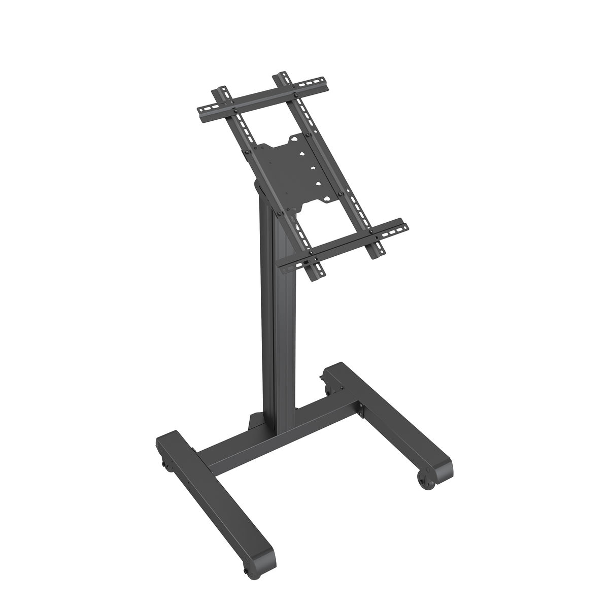 Black TV stand with a mounting bracket and wheels. The stand is on a white background.