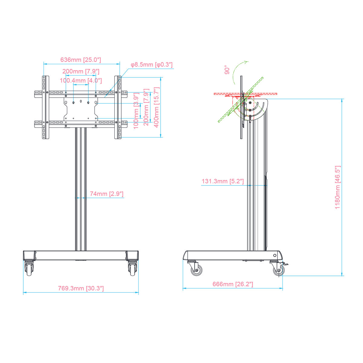 Diagram showing dimensions and measurements of a stand.