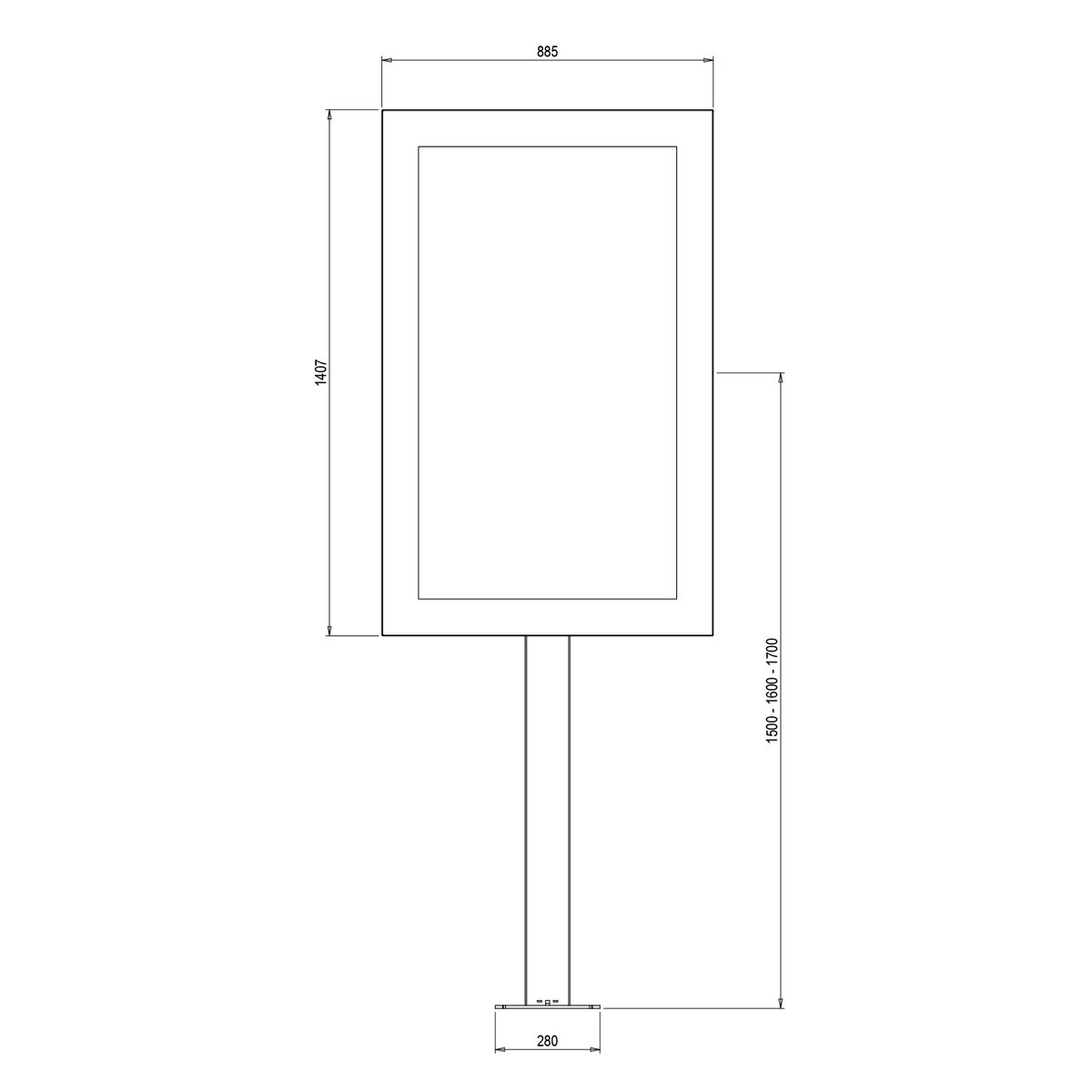 Un diagramma in bianco e nero di un cartello con dimensioni in mm.