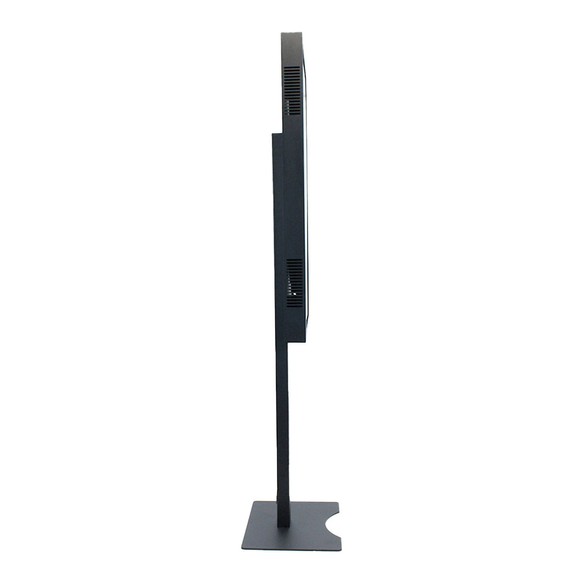 Un supporto per display nero in profilo. È rettangolare con una base, con sfondo bianco.