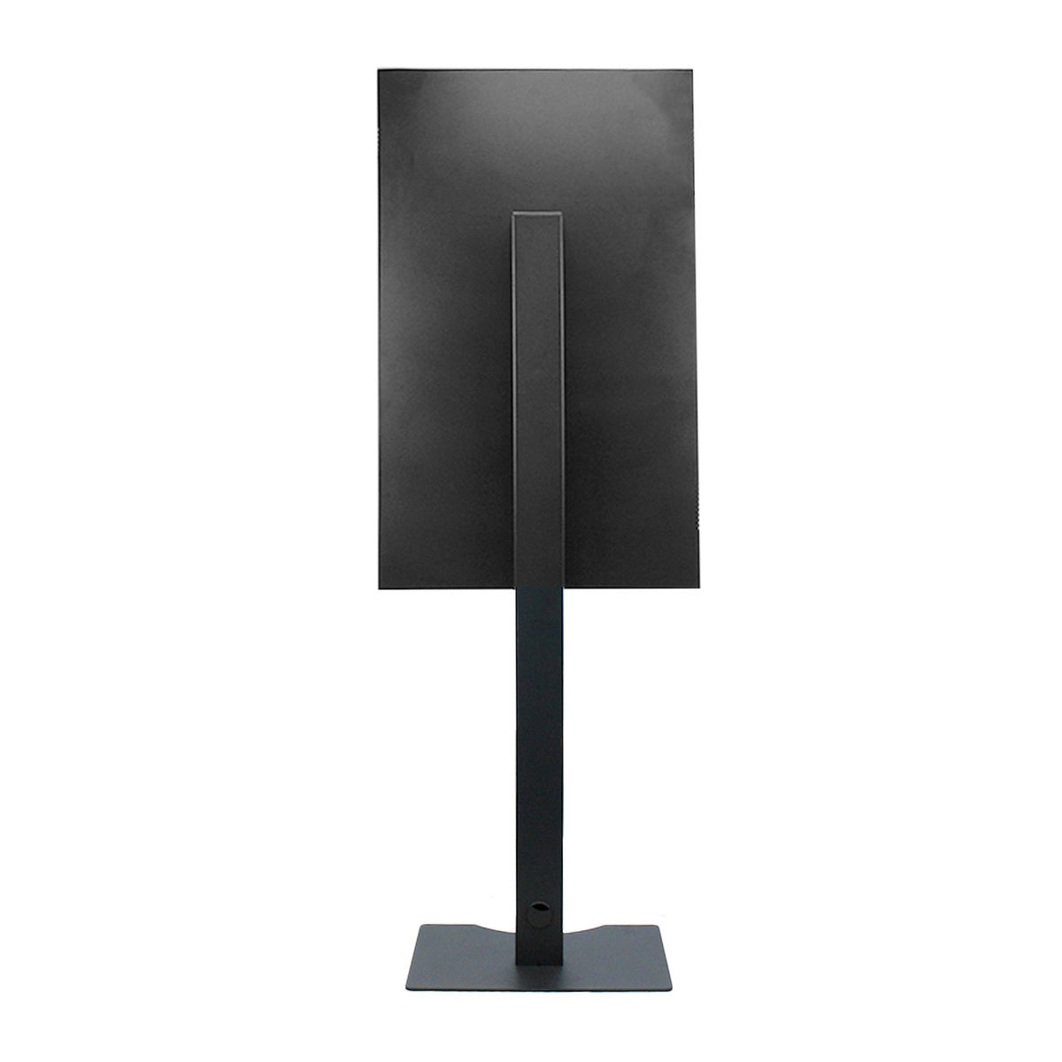 Il retro di un monitor per computer nero con supporto. La base è quadrata.