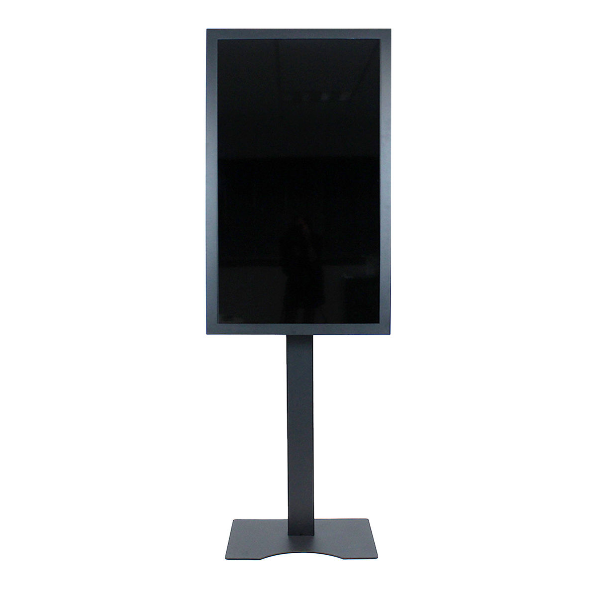 Un display nero su un supporto. È uno schermo rettangolare, isolato su sfondo bianco. Design semplice.