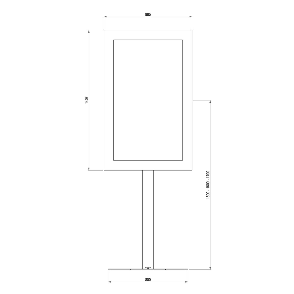 Un diagramma di un cartello con dimensioni. Mostra altezza, larghezza e dimensioni complessive.