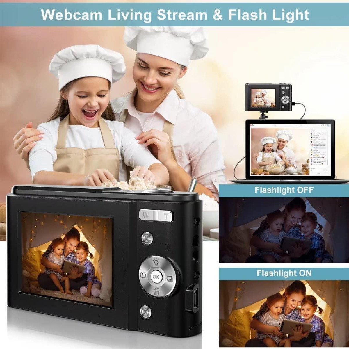 Aparat z ekranem pokazującym rodzinę. Scena pokazuje rodzinę korzystającą z laptopa i aparatu z włączoną/wyłączoną lampą błyskową.