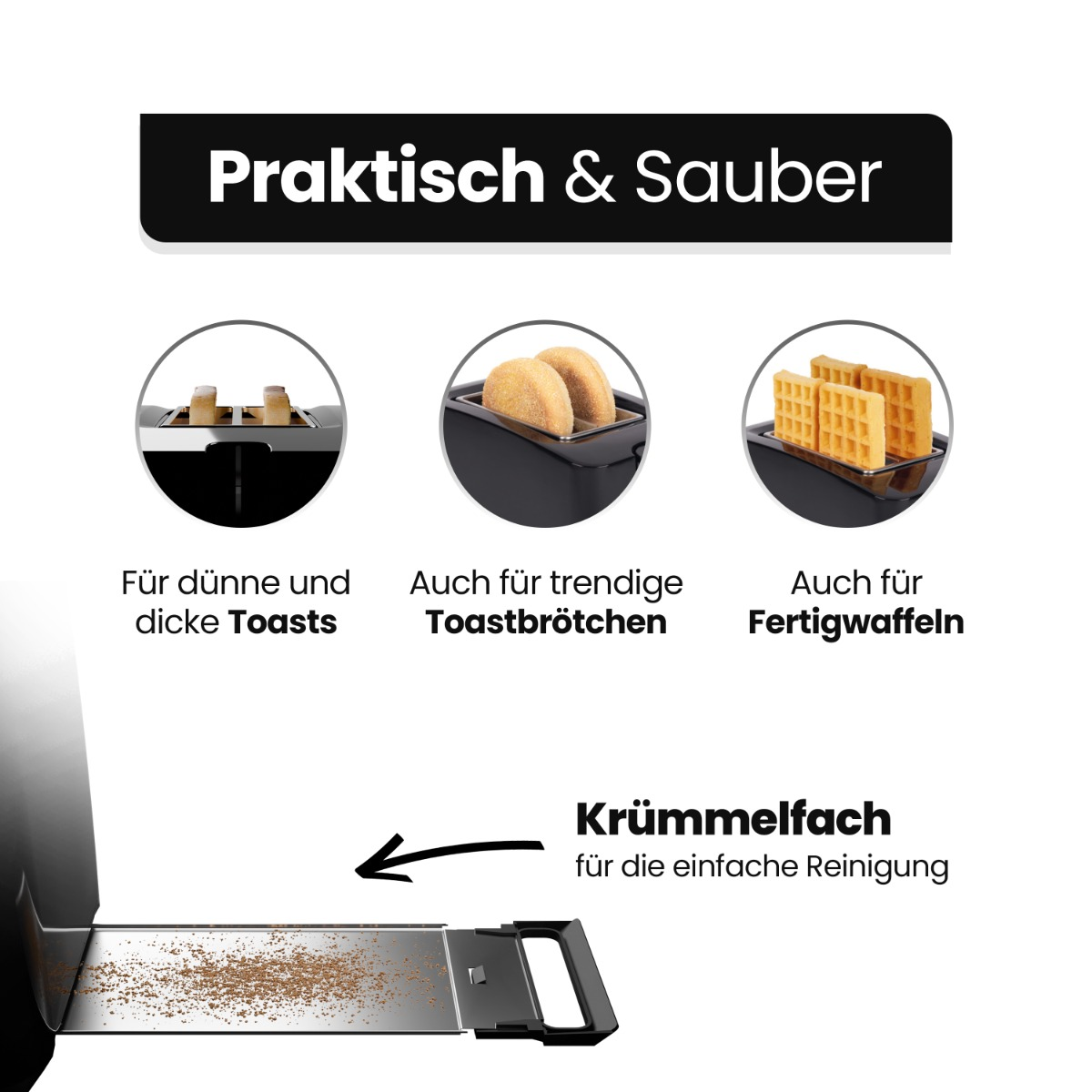 Toster z tekstem o cienkich i grubych tostach oraz gofrach. Taca na okruchy jest pokazana na dole.