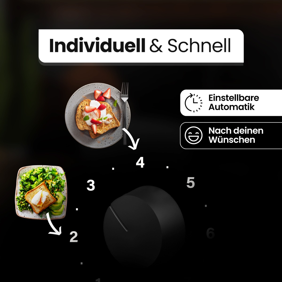 Czarne tło z pokrętłem i dwoma talerzami jedzenia, z niemieckim tekstem o personalizacji.