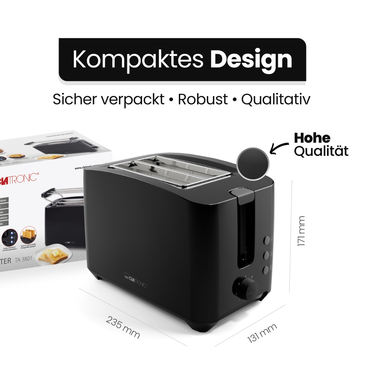 Czarny toster z wymiarami. Po lewej stronie pudełko z tosterem i masłem.