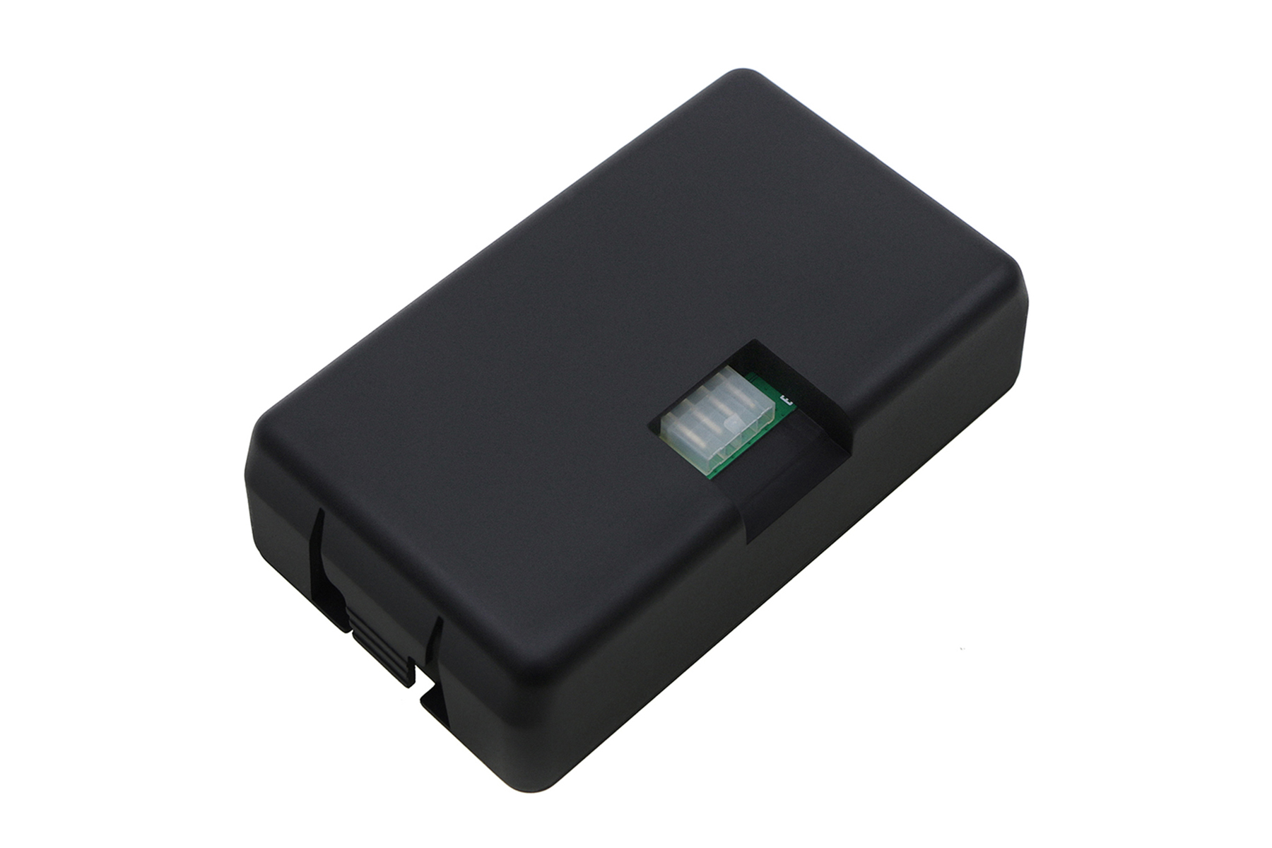 Batteria rettangolare nera con una piccola scheda di circuito verde visibile.