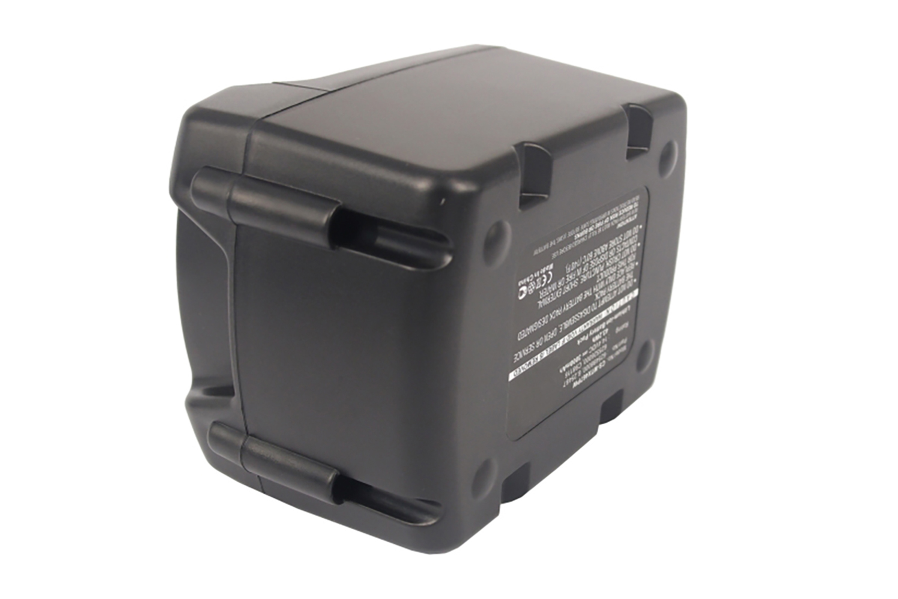 Batteria nera, rettangolare con etichette e superficie strutturata. La parte superiore è per lo più piatta.