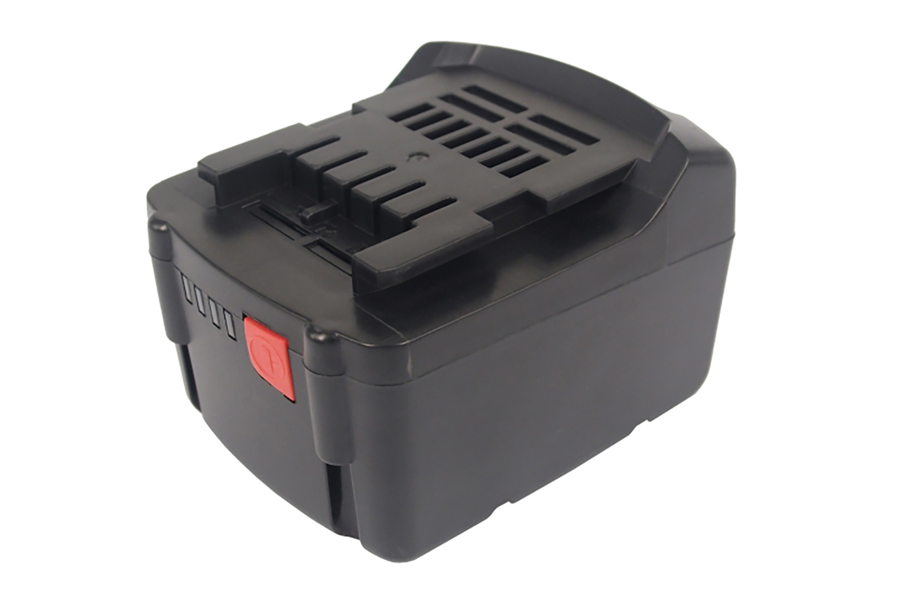 Batteria nera per utensili elettrici con pulsante rosso. Su sfondo bianco.