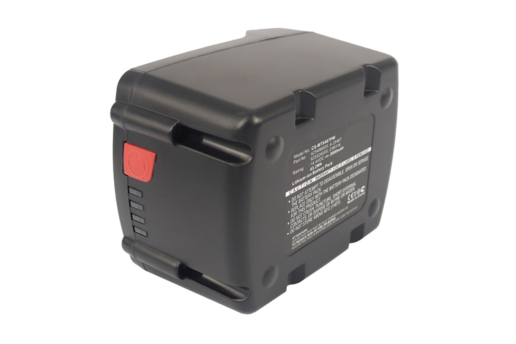 Pacco batteria nero per un dispositivo, con pulsante rosso ed etichette di avvertimento.