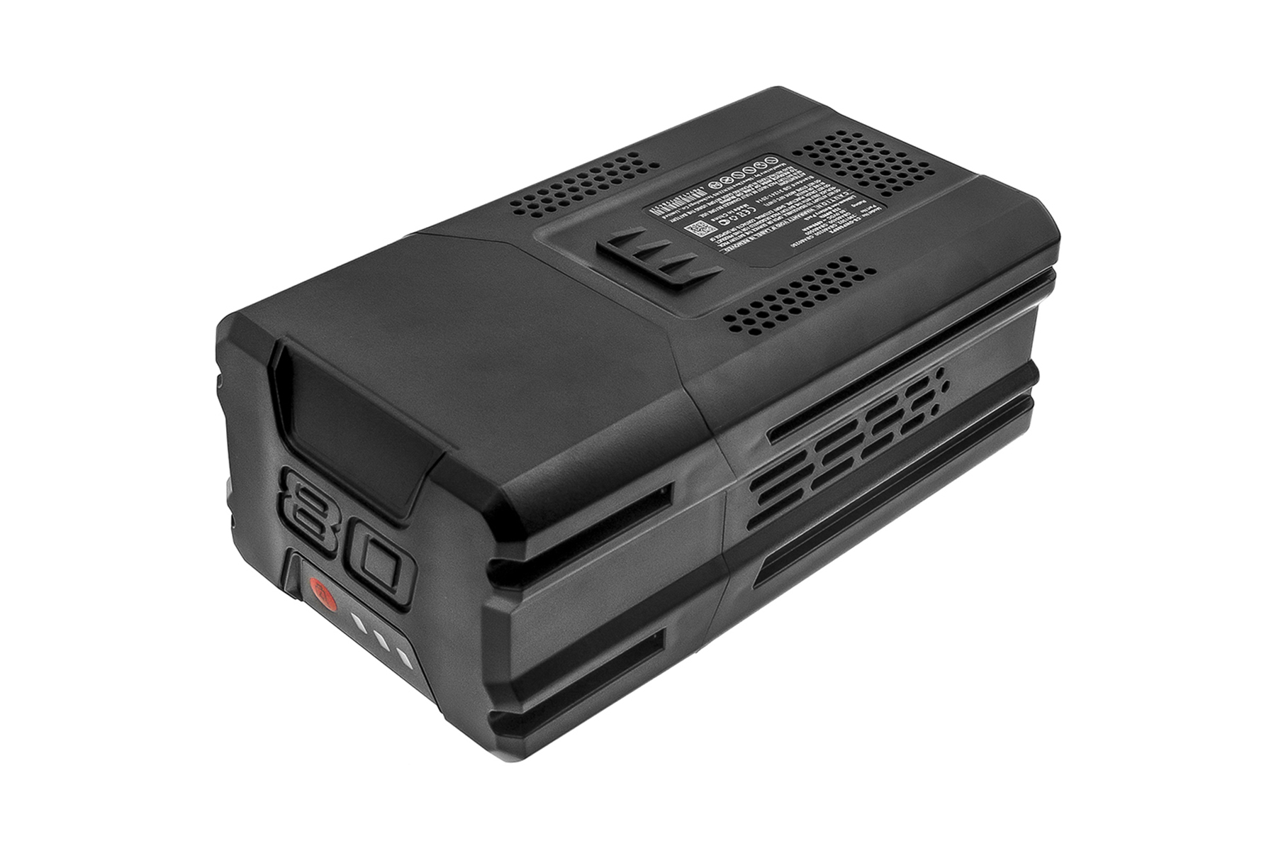 Pacco batteria nero, rettangolare, con indicatore di alimentazione e porta di ricarica.