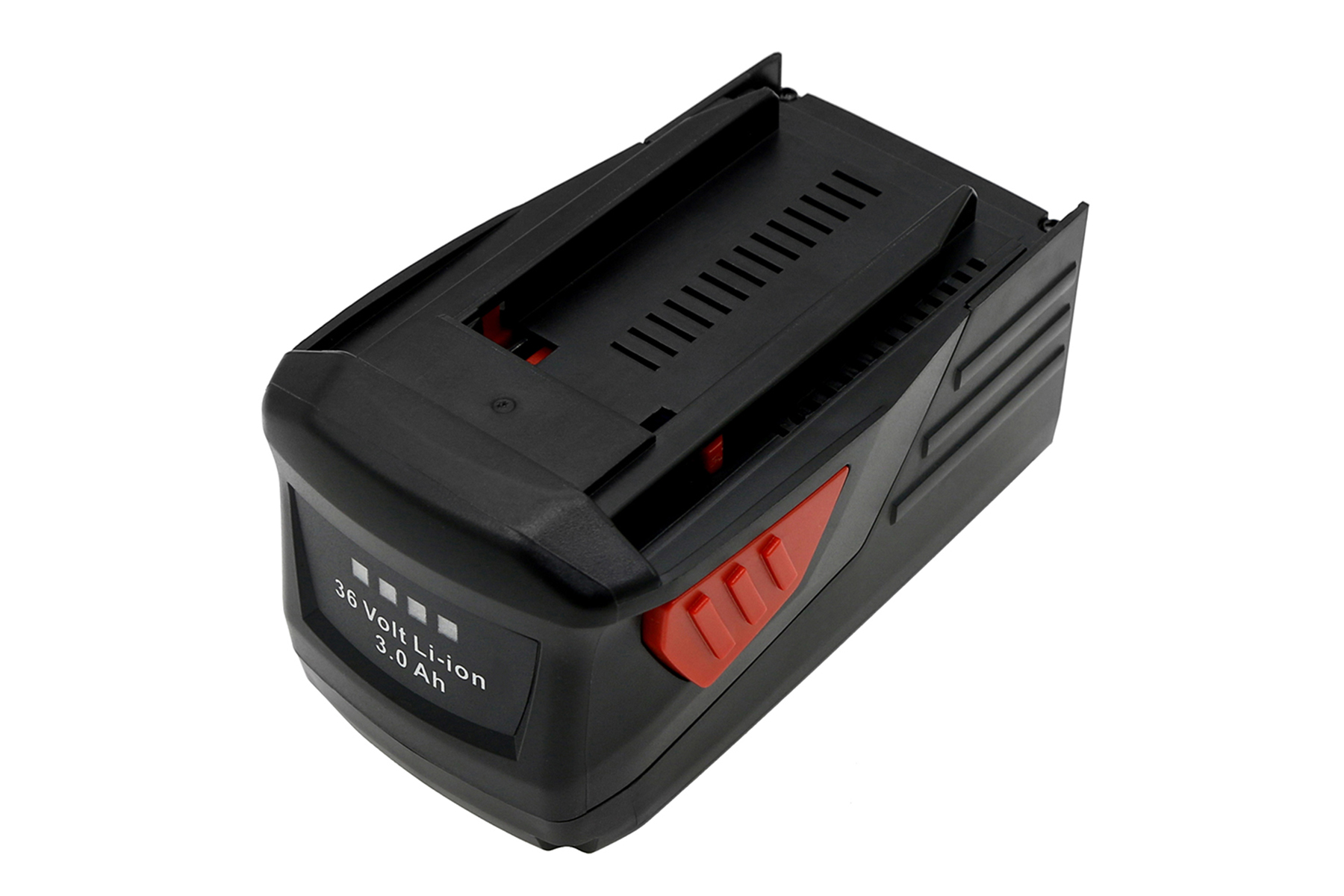 Una batteria per trapano senza fili nera e rossa con indicatore del livello della batteria è esposta.