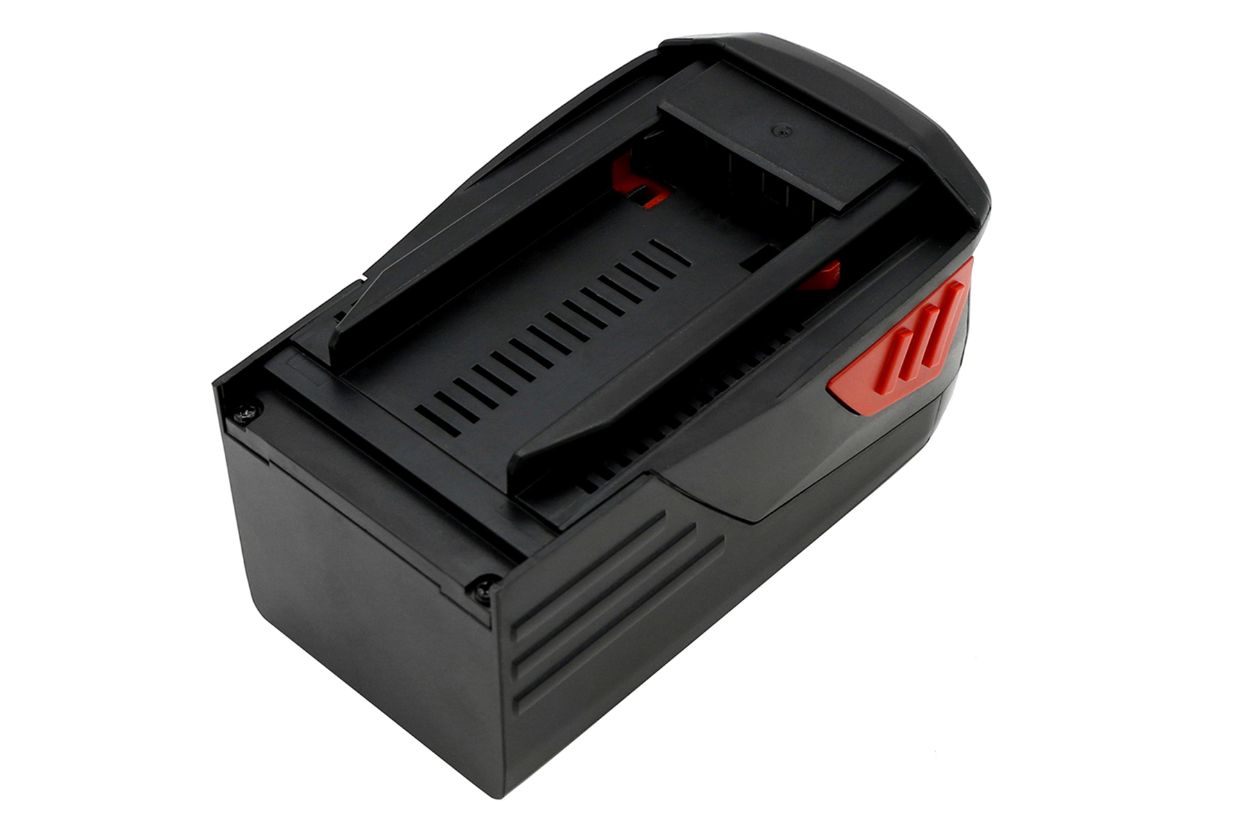 Pacco batteria nero con accenti rossi. Vista angolata, sfondo bianco.