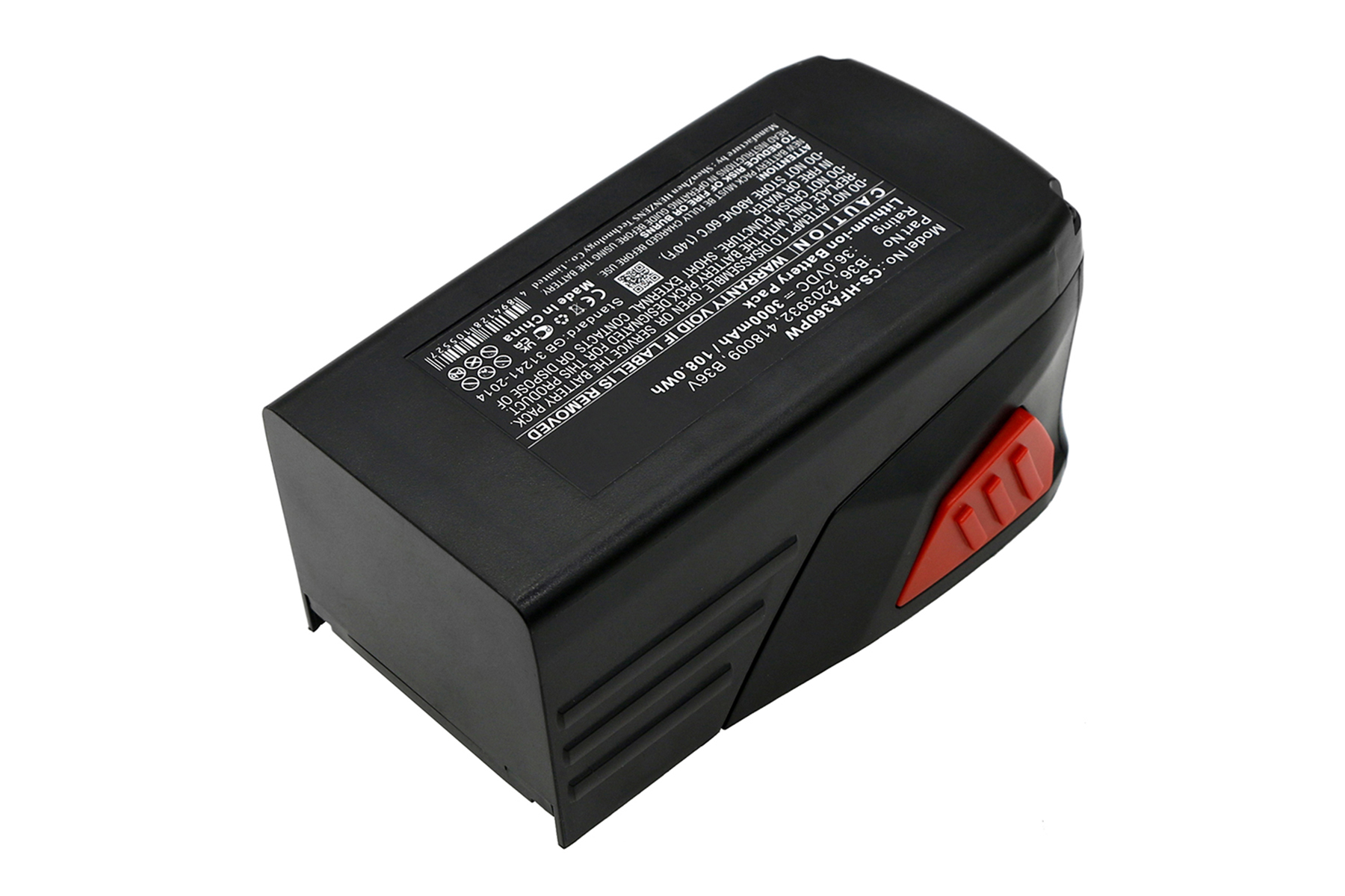 Una batteria nera con un pulsante rosso e un'etichetta con testo. È una batteria per un utensile.