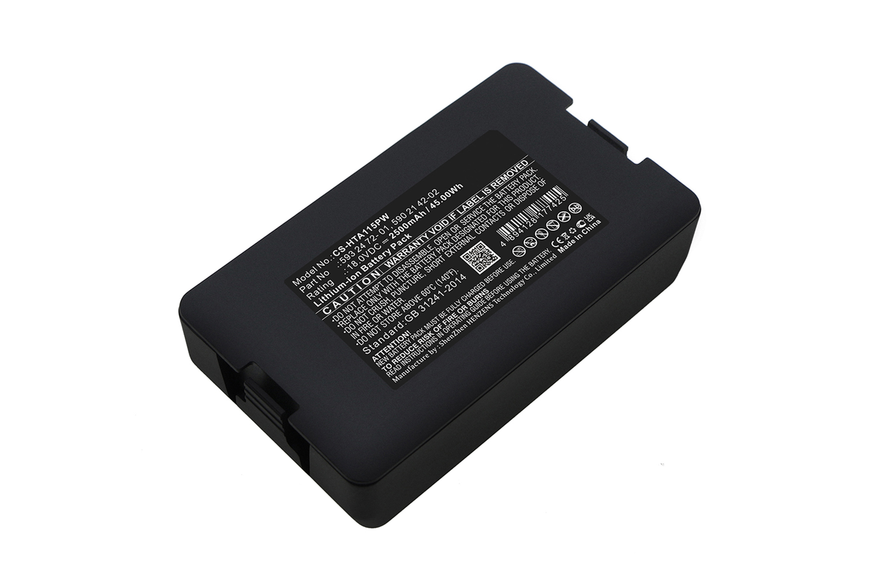 Un pacco batteria nero con etichette. Ha un adesivo con testo e un'etichetta di avvertimento.