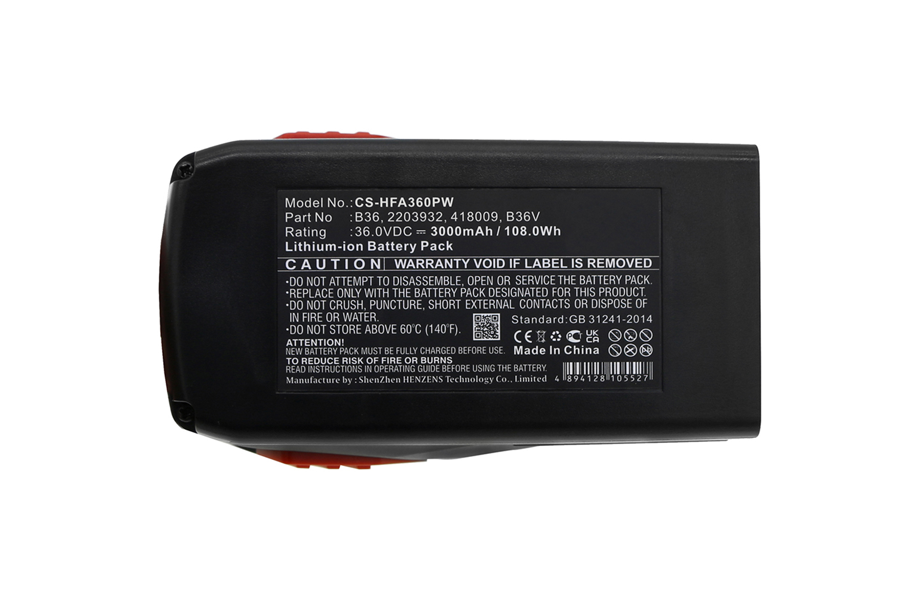 Un pacco batteria nero con etichette, tra cui numero di modello, tensione e messaggi di avvertimento, su sfondo bianco.