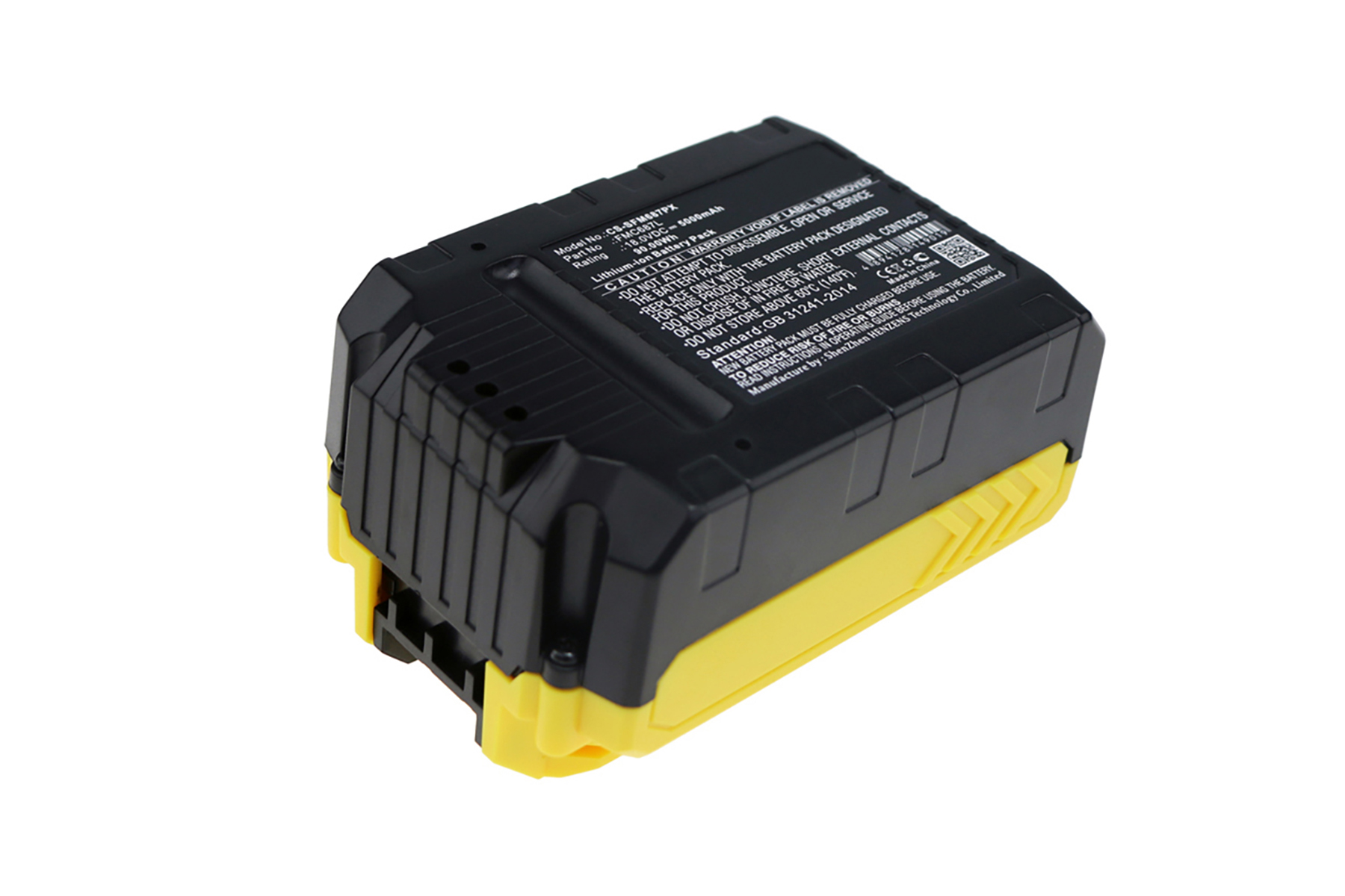 Gelb-schwarzer Akku-Pack für Elektrowerkzeuge. Die Oberseite zeigt Text und ein Etikett. Isoliert auf weißem Hintergrund.