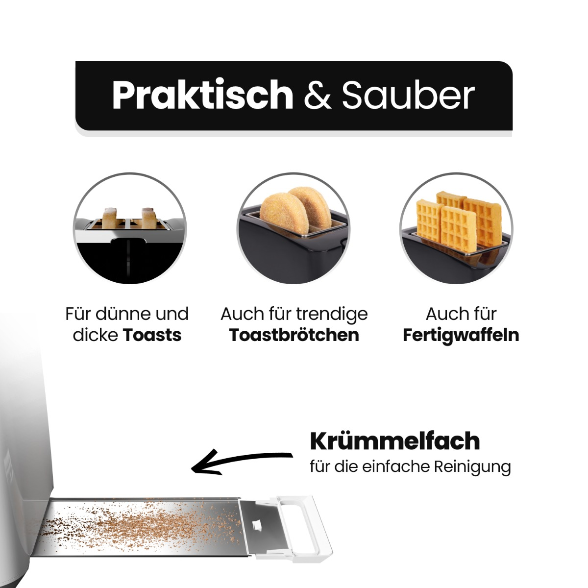Toster z otworami na cienkie i grube tosty, tosty i gofry. Widoczna jest tacka na okruchy.