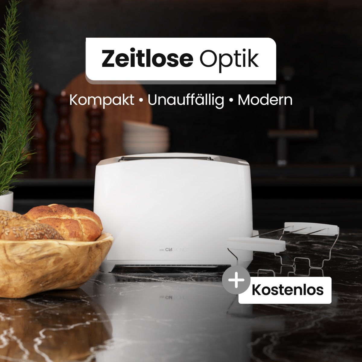 Biały toster na blacie z chlebem i darmowym akcesorium. Tekst: Zeitlose Optik, Kompakt, Modern.