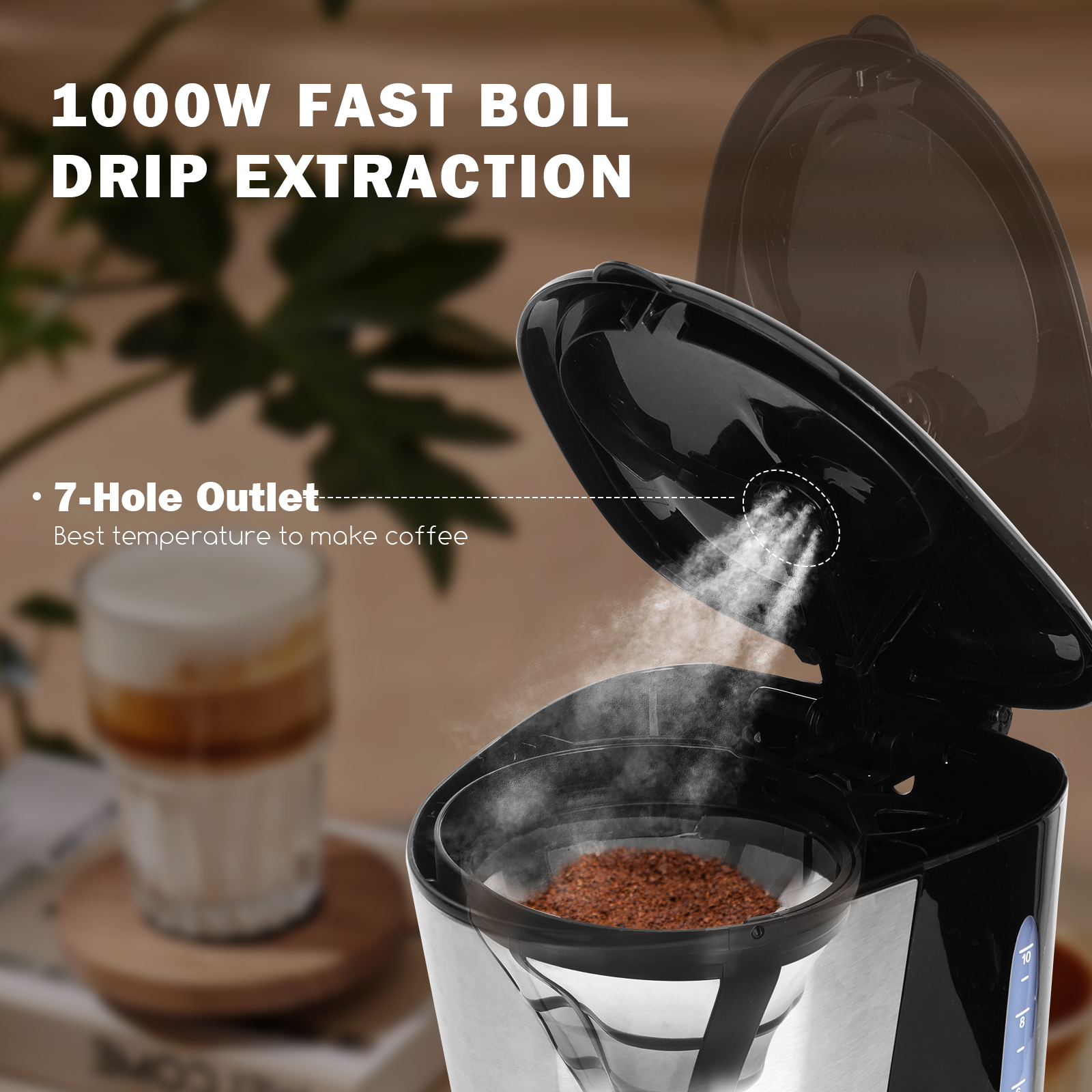 Una cafetera preparando café, con texto que enfatiza la ebullición rápida de 1000W y la extracción por goteo.