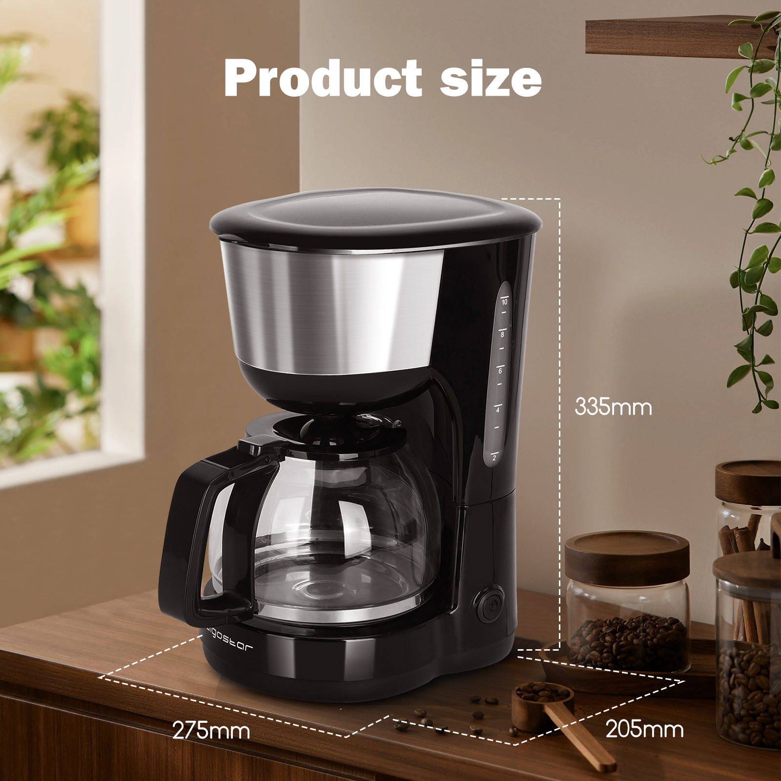 Cafetera negra, con dimensiones de 275 mm x 205 mm x 335 mm. Frascos con granos están en el fondo.