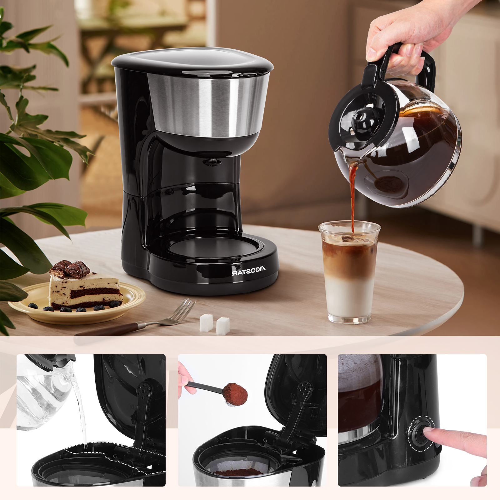 Una cafetera negra, una persona vertiendo café en un vaso y primeros planos del proceso.