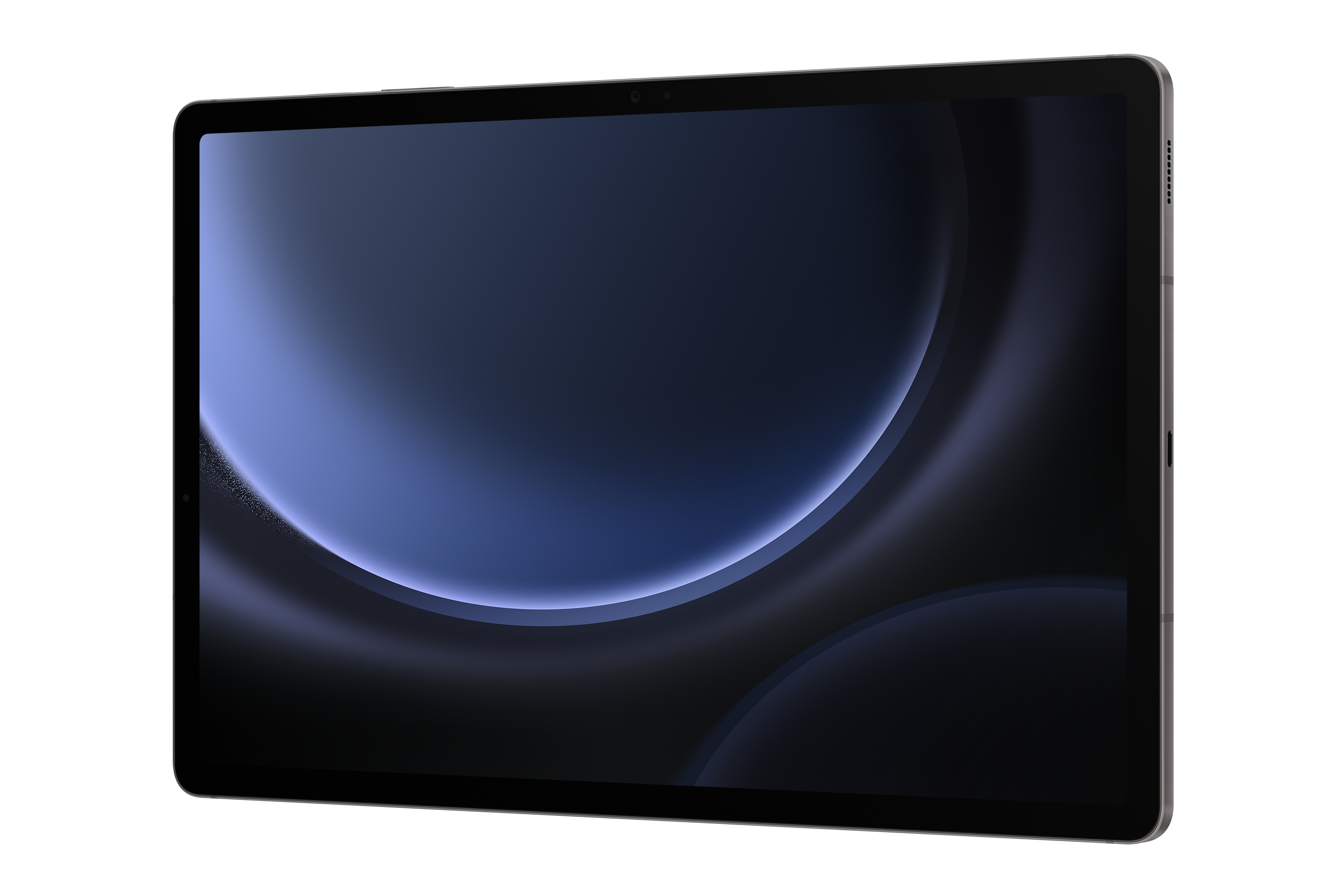 Tableta con fondo azul oscuro y negro. La tableta está en perfil lateral.