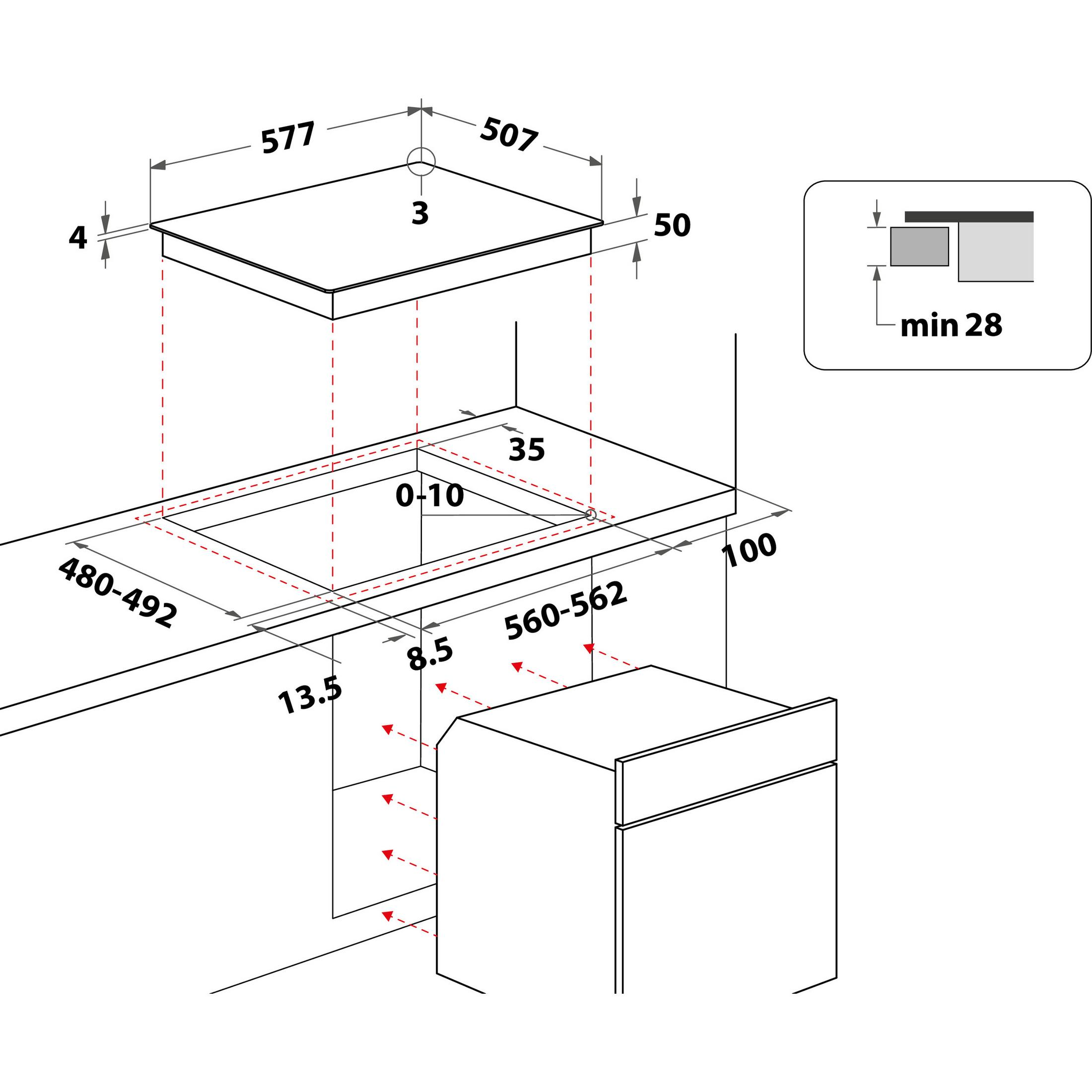 Diagramm eines Kochfelds mit Maßen und einer Illustration des Unterschrankraums.