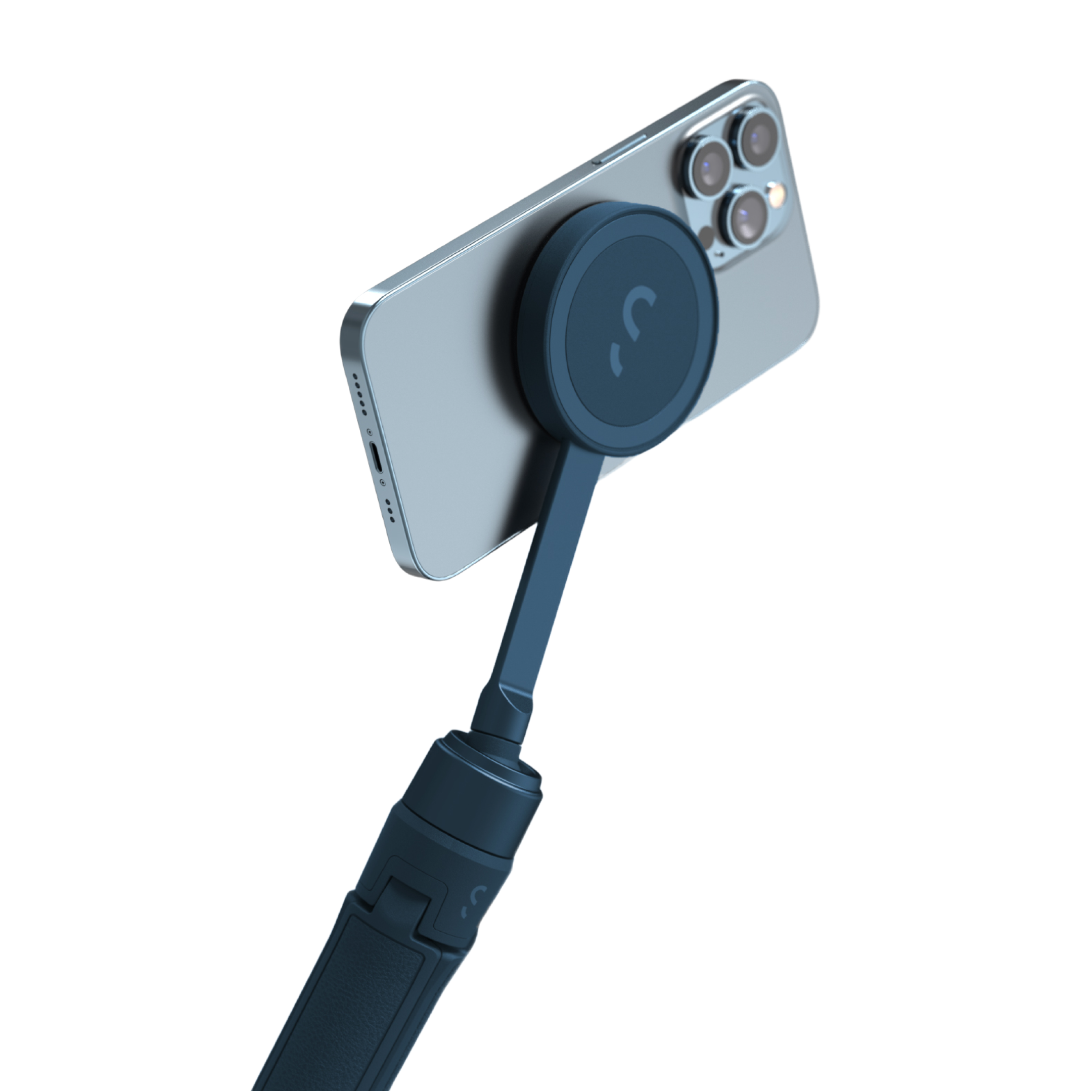 Ein Telefon ist an einem Telefonhalter mit Griff befestigt. Das Telefon ist silberfarben, der Griff blau.