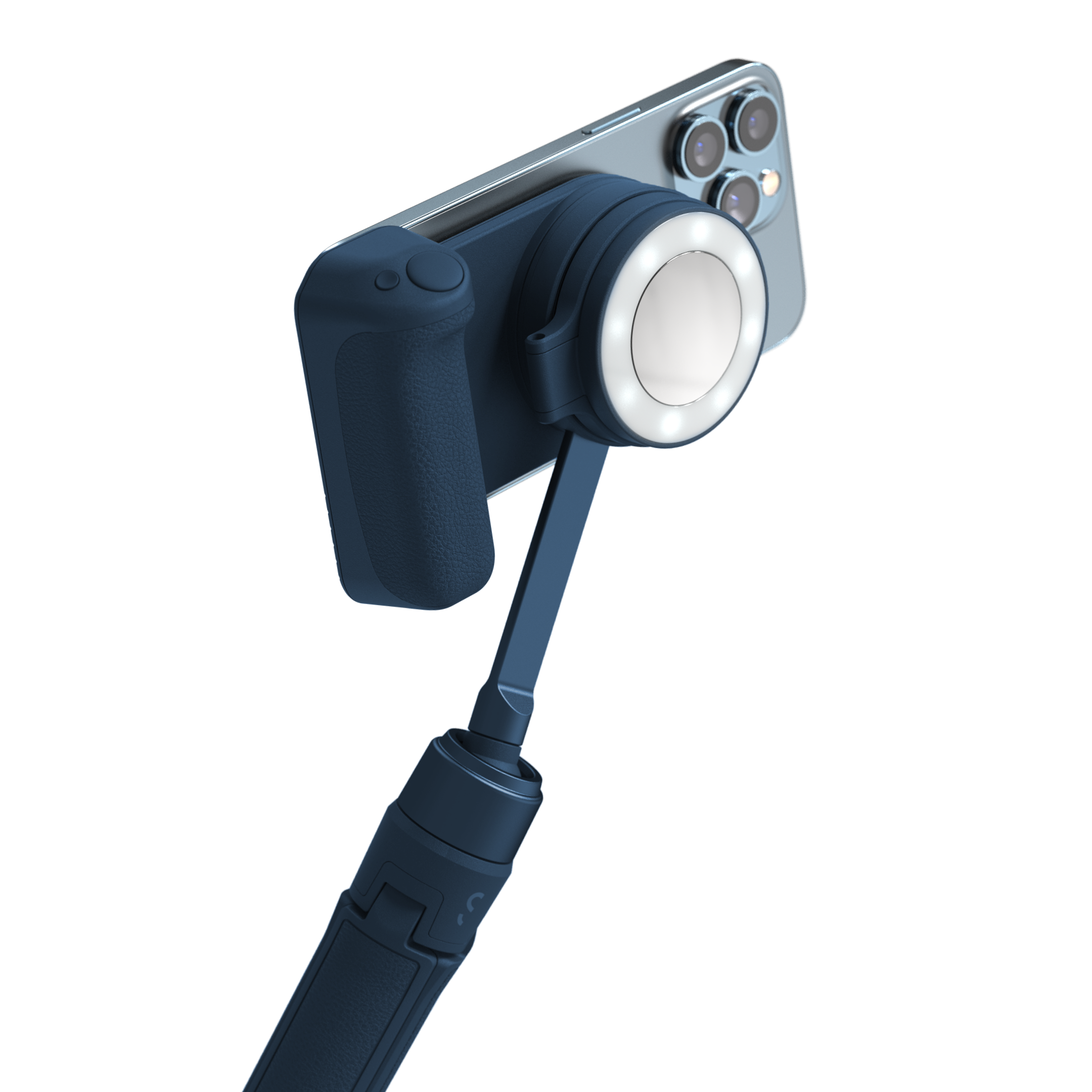 Selfie-Stick mit befestigtem Telefon. Das Telefon hat drei Kameras und einen Lichtring.