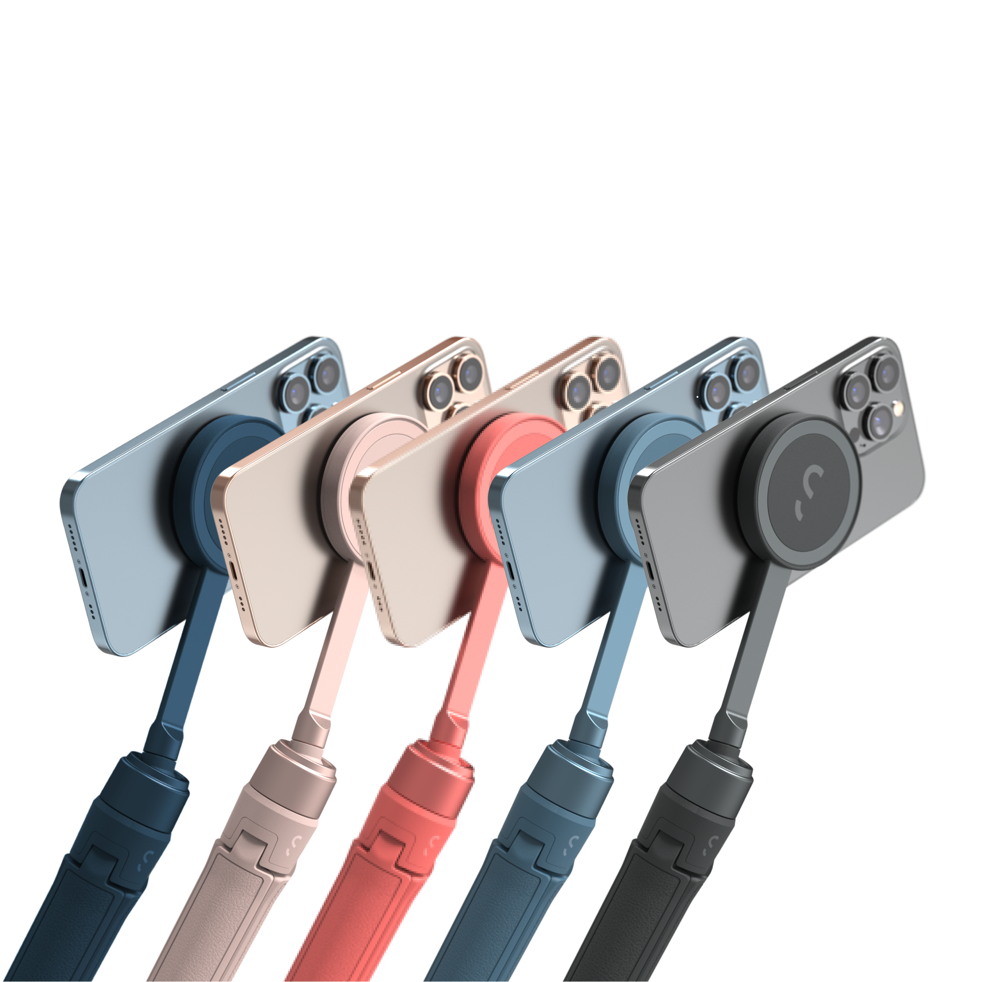 Mehrere Telefone an Selfie-Sticks, in verschiedenen Farben, vor weißem Hintergrund.