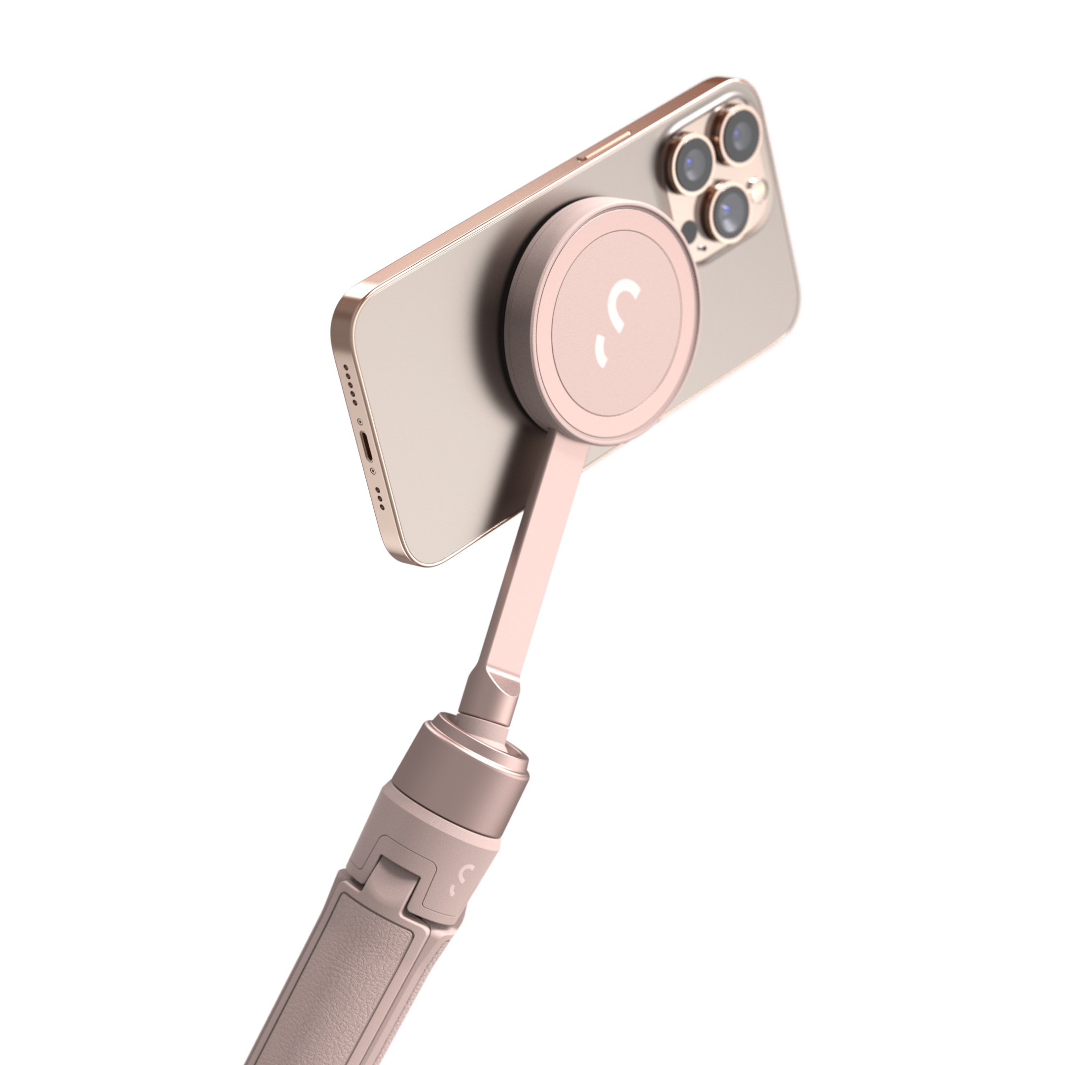 Roségoldenes Telefon auf einem Selfie-Stick, weißer Hintergrund, helles Farbschema.