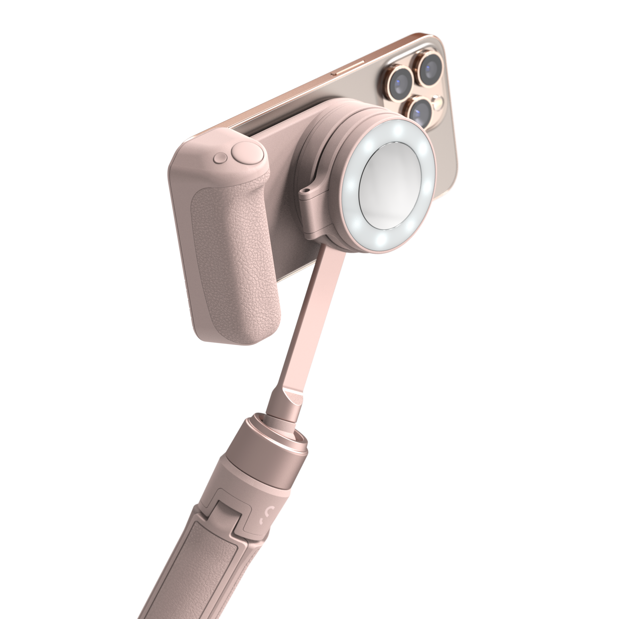 Pinkfarbener Selfie-Stick mit angeschnalltem Telefon und Ringlicht, nach oben geneigt.