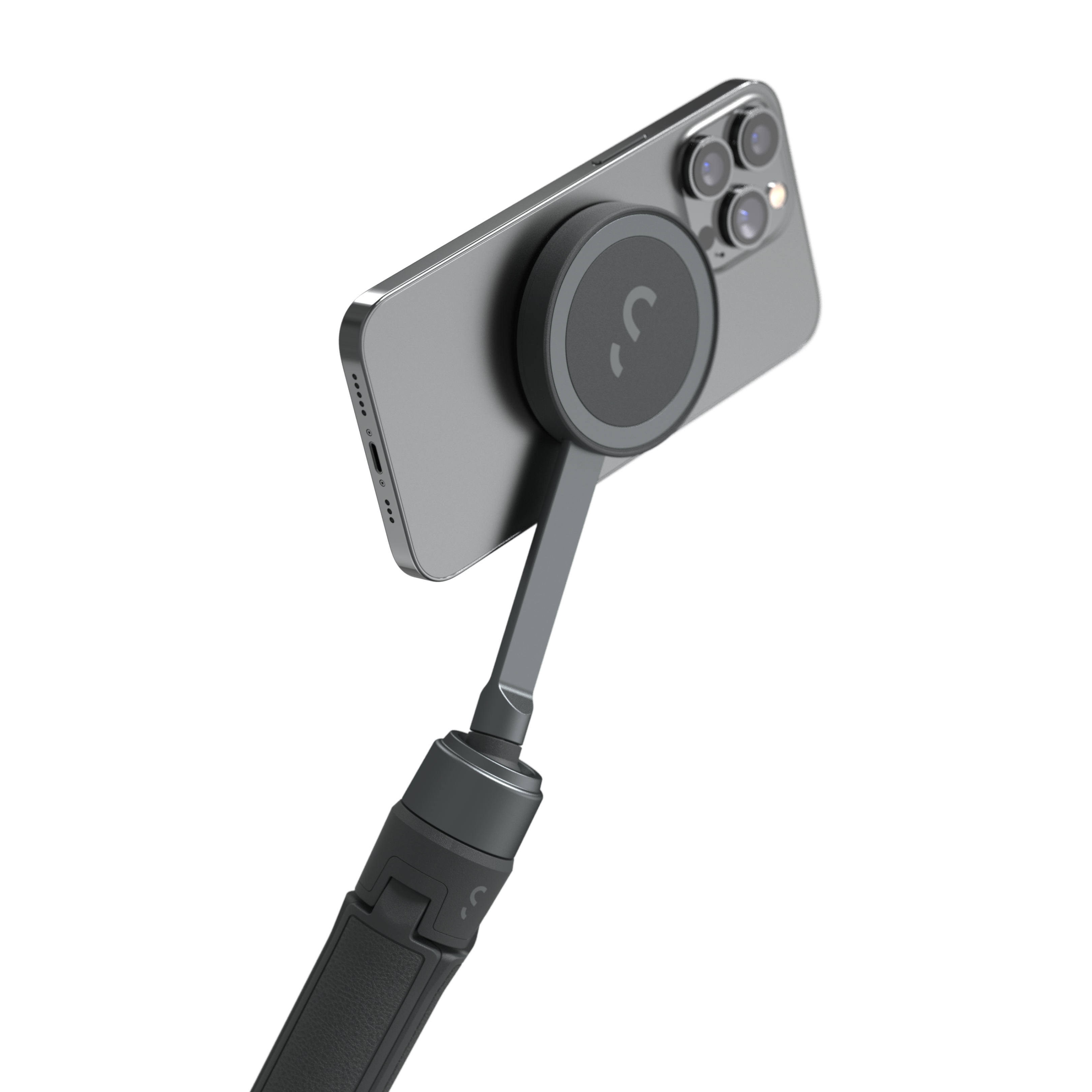 Ein graues Telefon ist an einem schwarzen Gimbal befestigt und wird hochgehalten. Weißer Hintergrund.