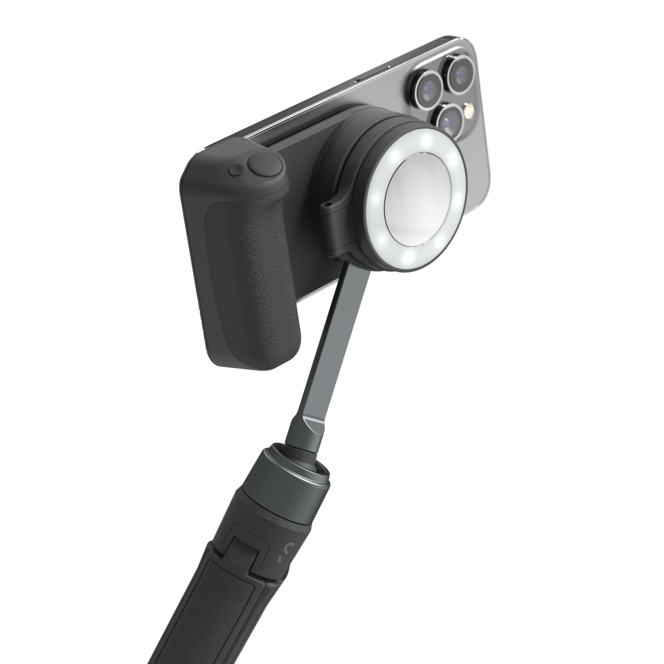 Smartphone mit Selfie-Licht und Griff befestigt. Weißer Lichtring, schwarzer Griff, weißer Hintergrund.