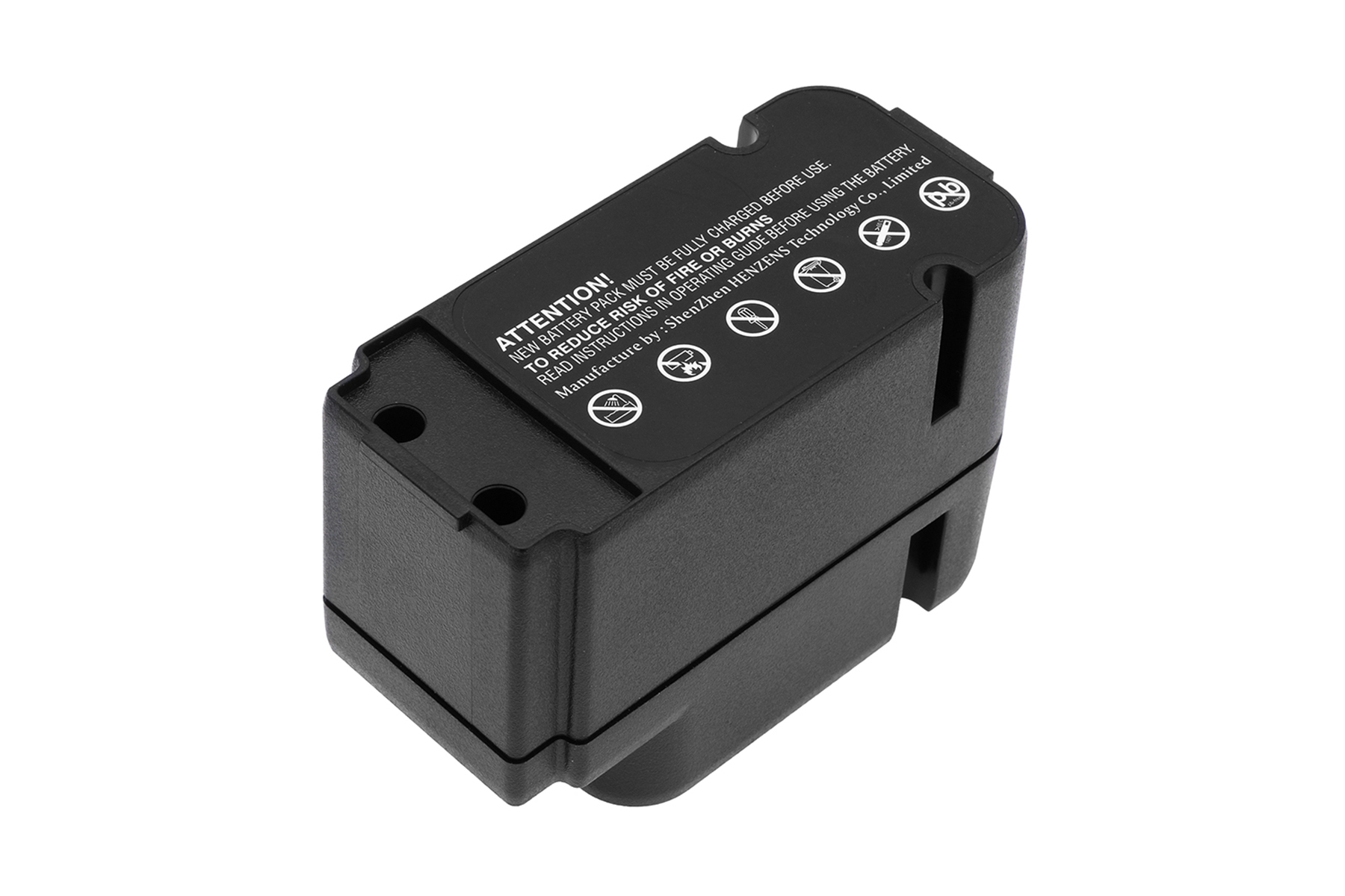 Piccolo pacco batteria nero con etichette di testo e simboli, visto da un'angolazione su sfondo bianco.