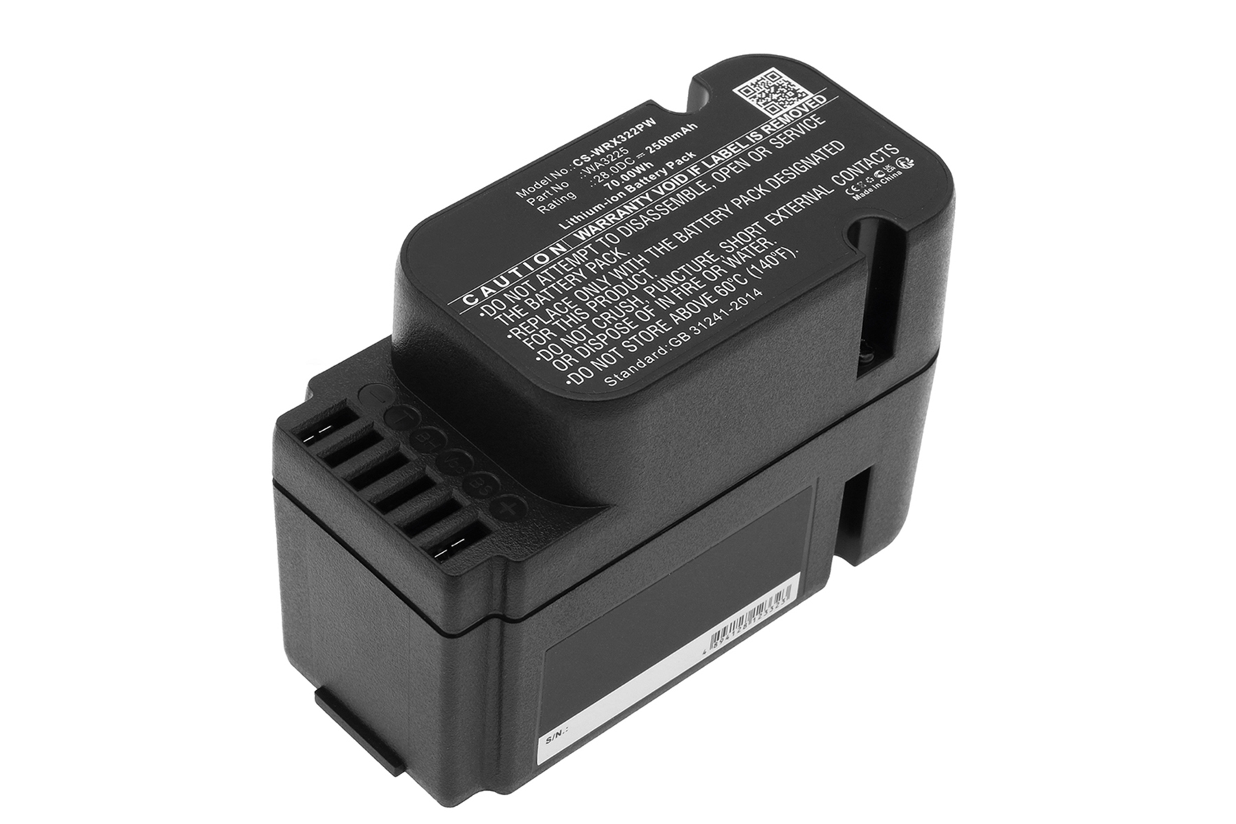 Un pacco batteria nero rettangolare. Ha etichette e un'etichetta di avvertimento.