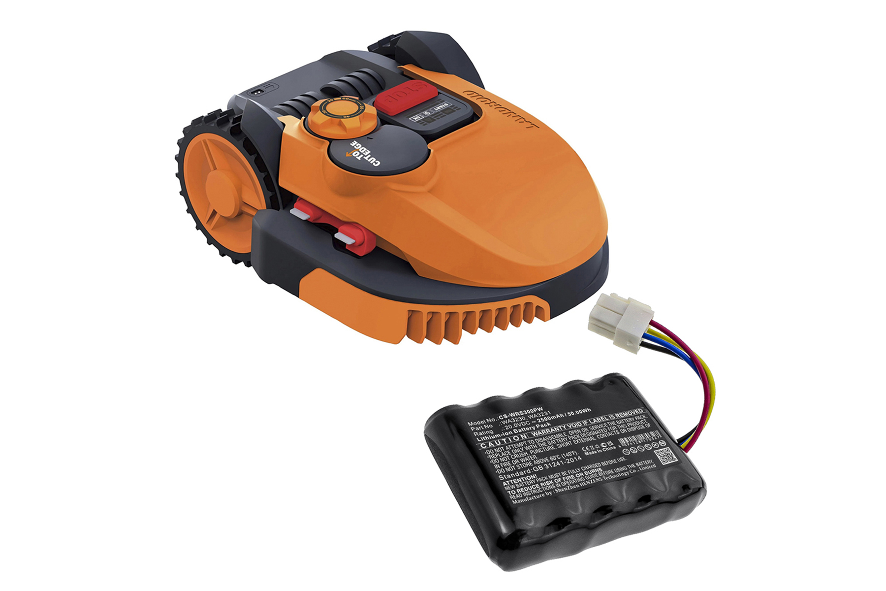 Oranger und schwarzer Roboter-Rasenmäher und abgetrennte schwarze Batterie. Weißer Hintergrund.